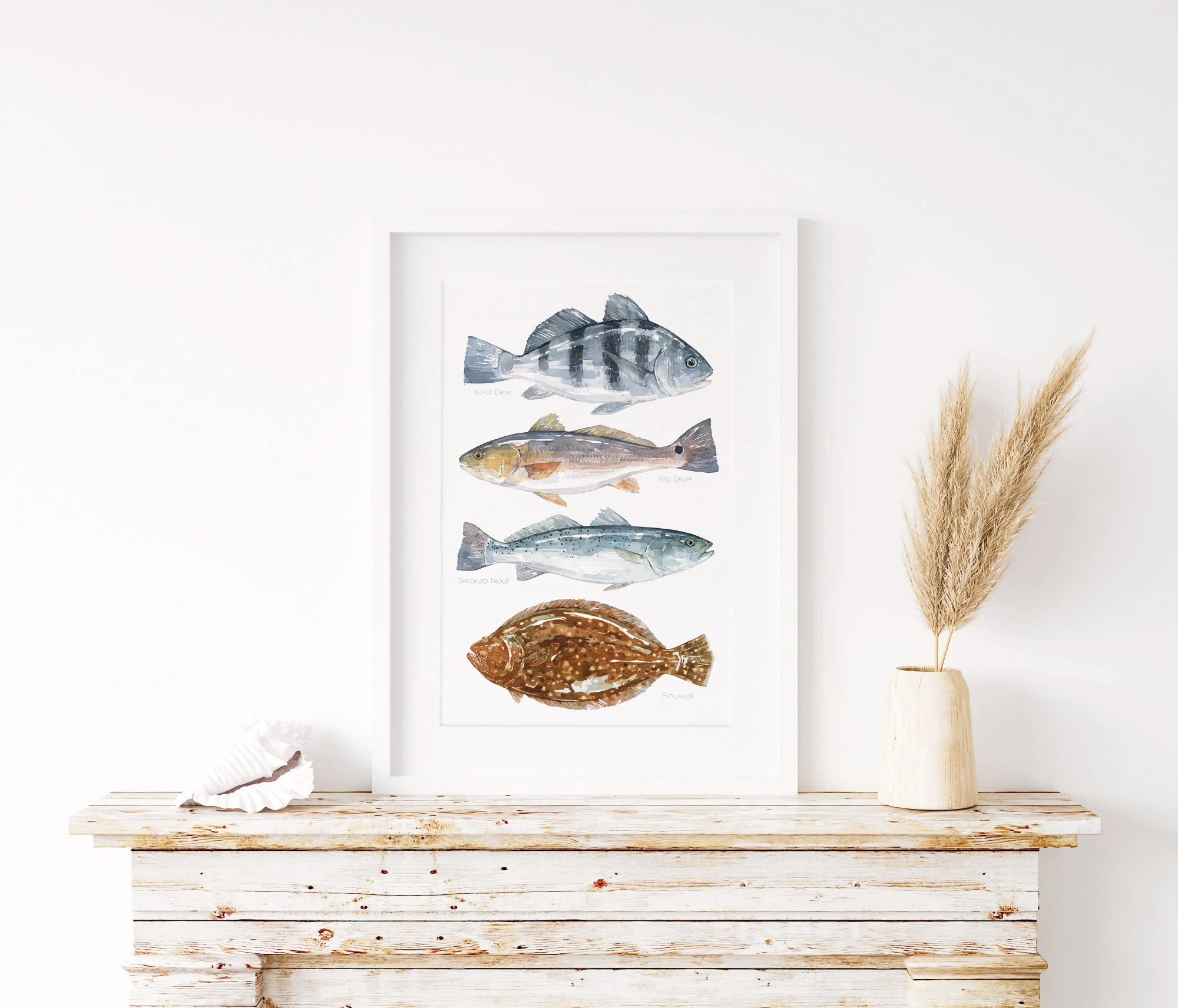 Inshore Saltwater Fish Watercolor Art Print: Coastal Nautical Decor