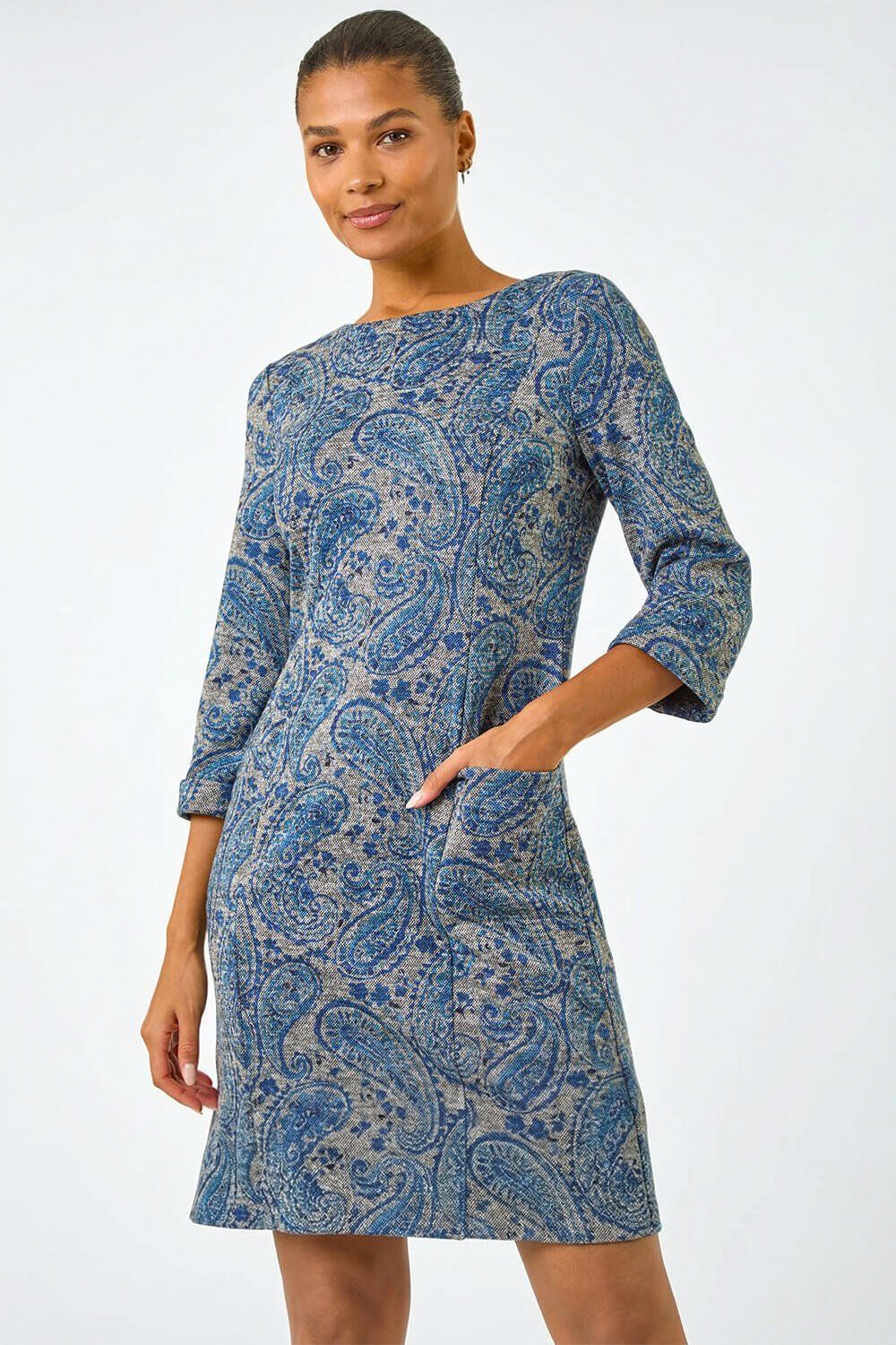 Roman Paisley Print Pocket Shift Stretch Dress