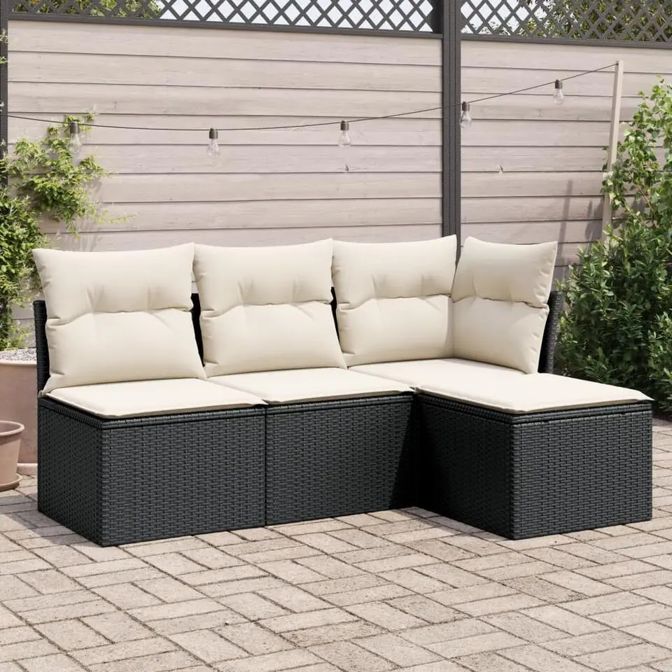 vidaXL 4-delige Loungeset met kussens - Zwart en cr&egrave;me - Poly rattan