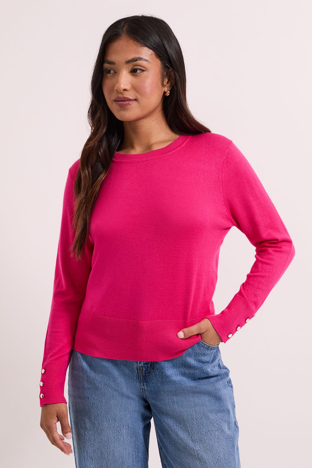 Dorothy Perkins Petite Pink Crew Neck Button Cuff Jumper