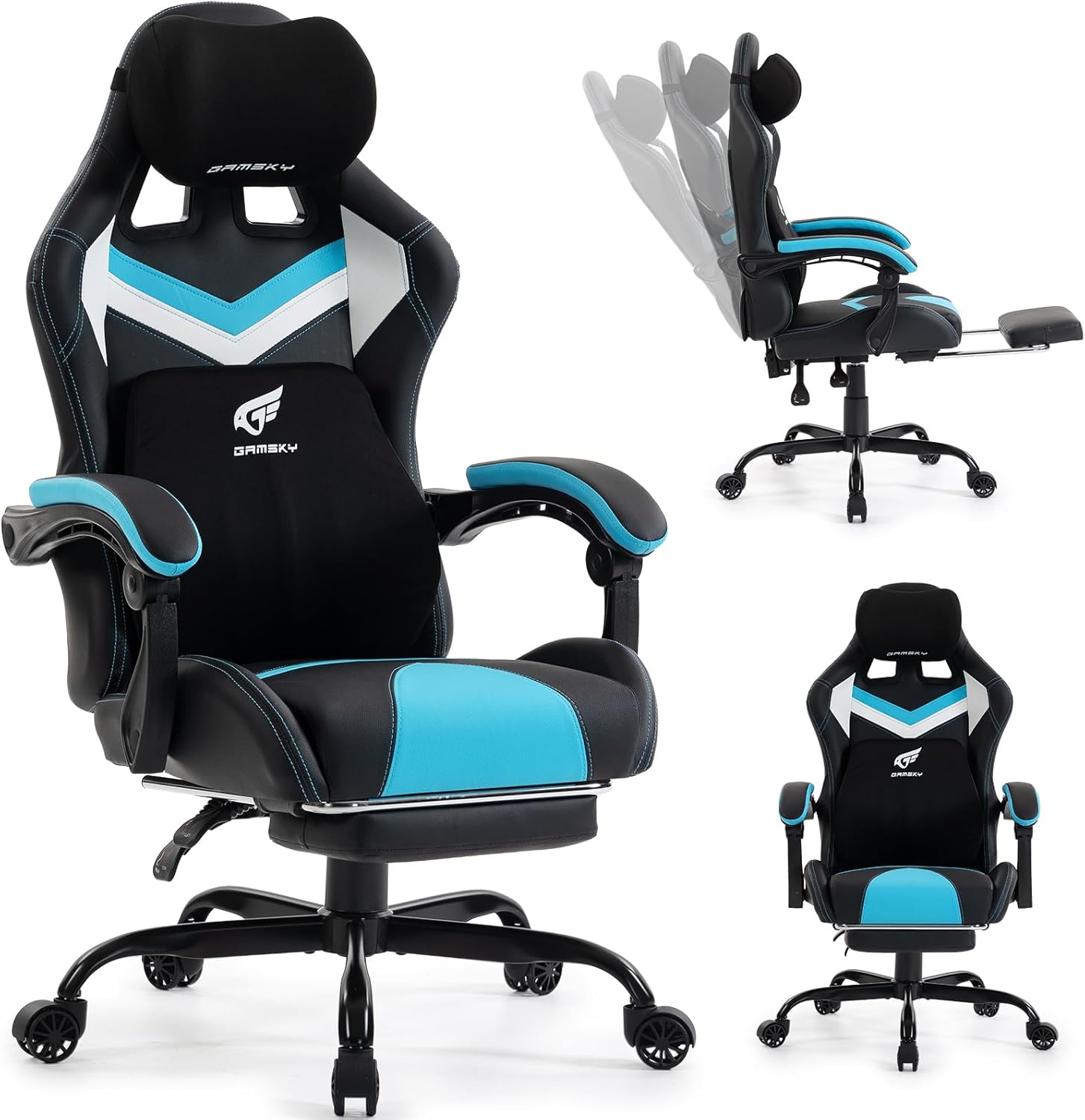 Ergonomic Gaming Chair for Adults with Footrest - Height Adjustable Reclining Gamer Chair 135° with Headrest and Lumbar Support, Comfy Video Game Computer Desk Chair for Home Office, Blue