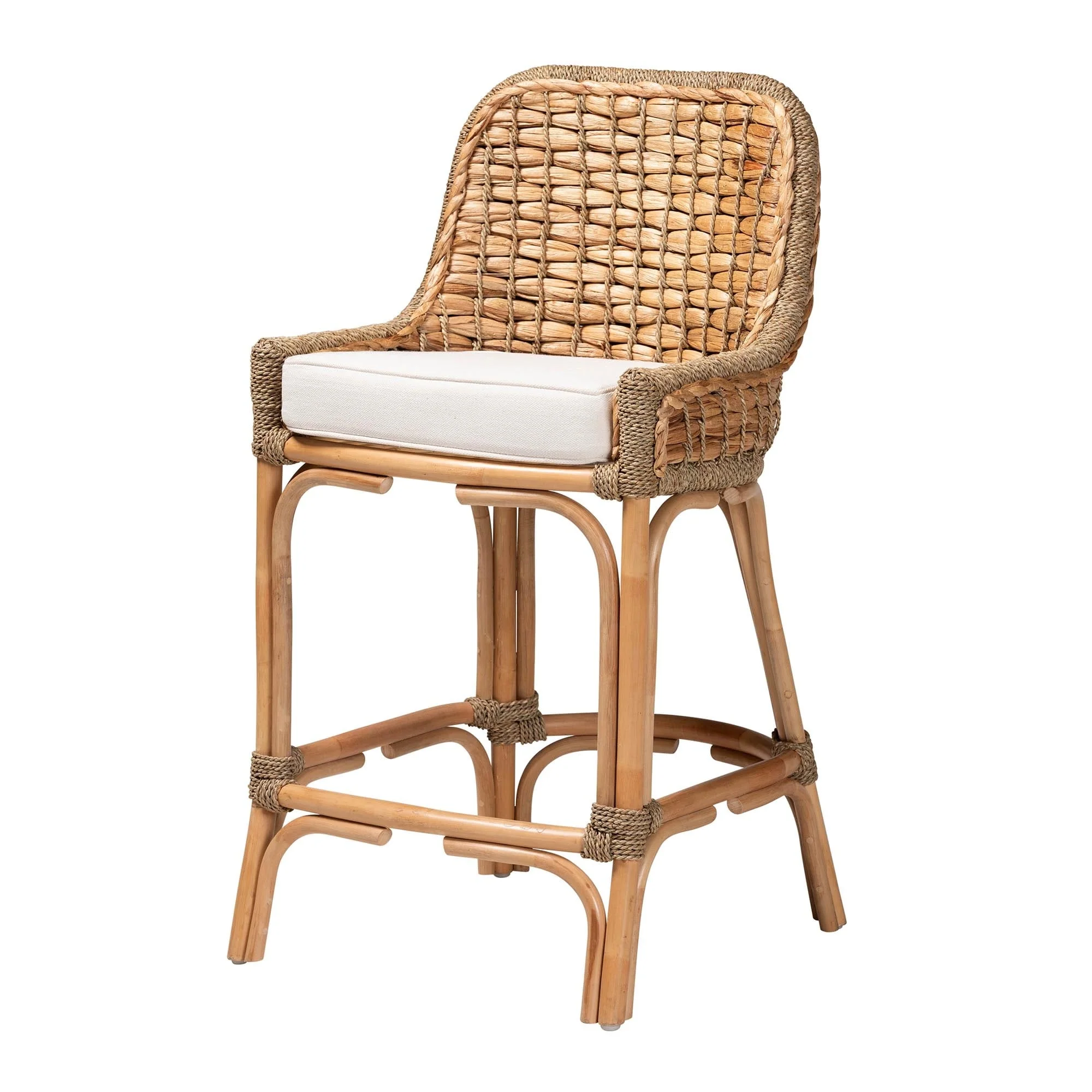 Kyle Bohemian Natural Brown Woven Rattan Counter Stool with Cushion