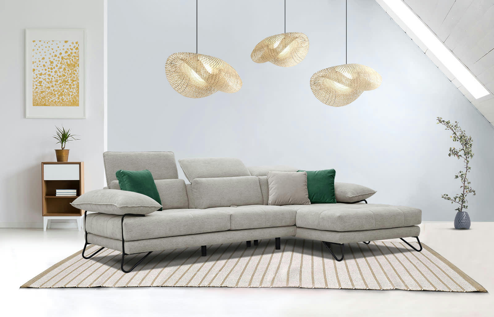 NORDEN - Canapé d'angle droit 4 places en tissu marron clair avec coussins déco