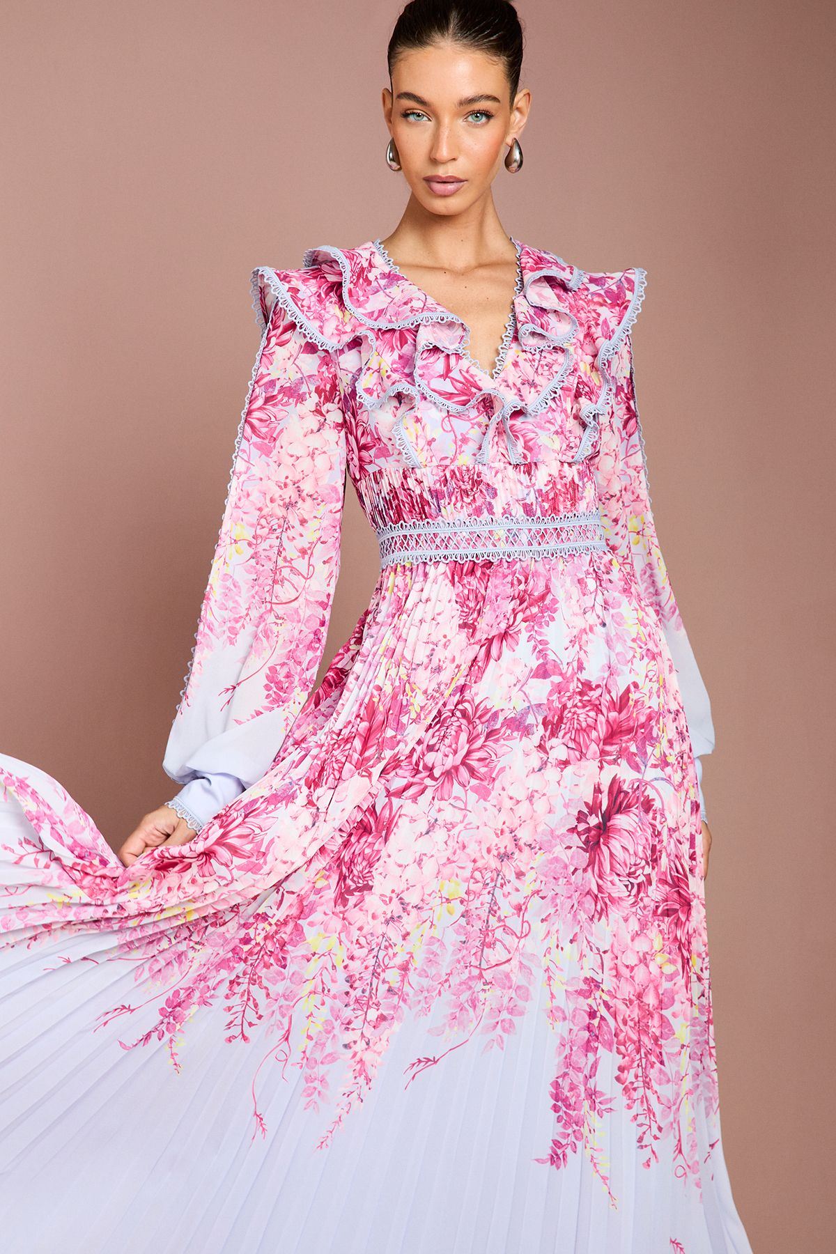 Coast Placement Print Lace Trim Pleated Maxi Dress