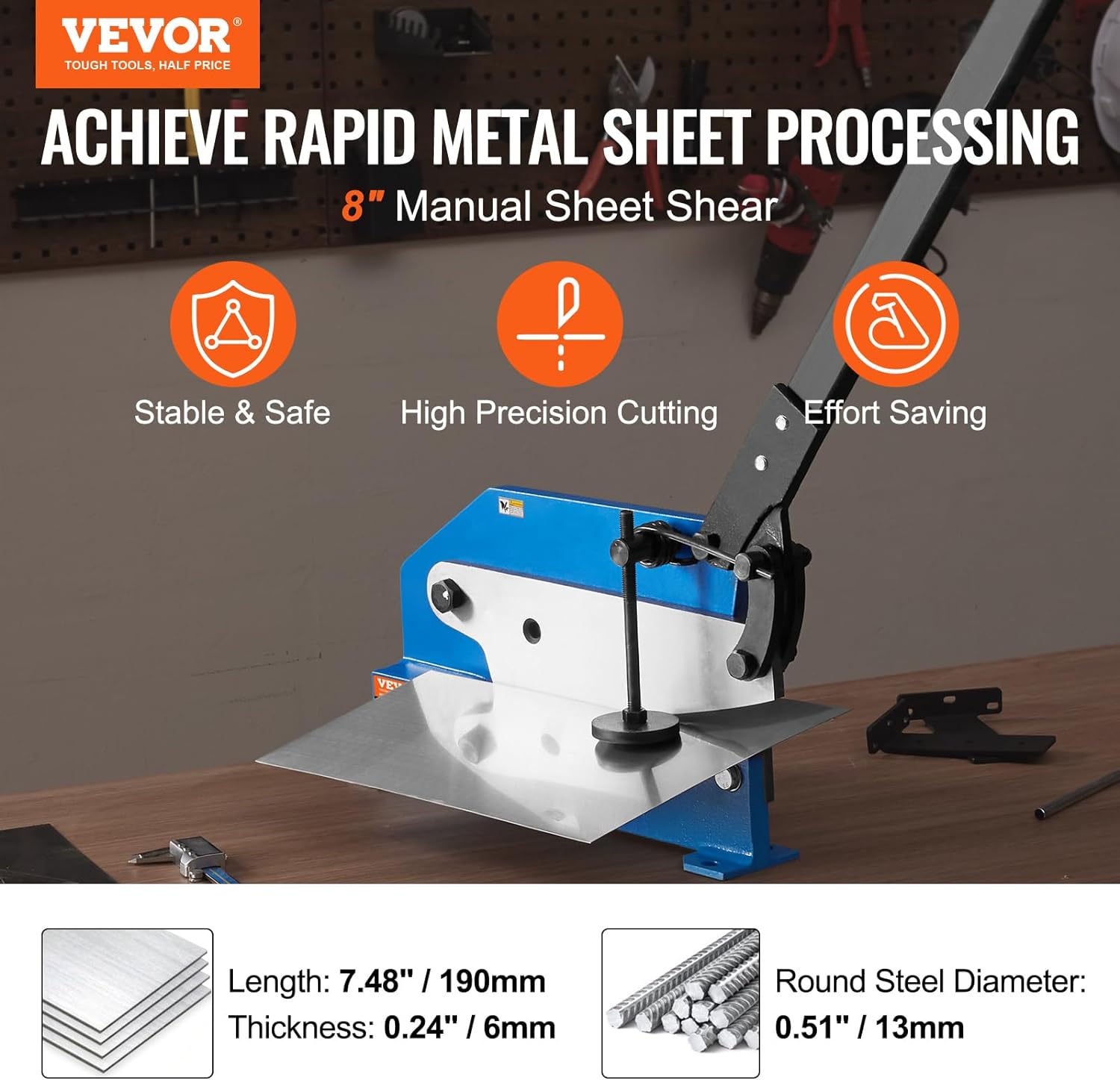 VEVOR Hand Plate Shear 8, Manual Metal Cutter Cutting Thickness1/4 Inch Thick Max, Metal Steel Frame Snip Machine Benchtop 7/16 Inch Rod, for Shear Carbon Steel Plates and Bars , Blue