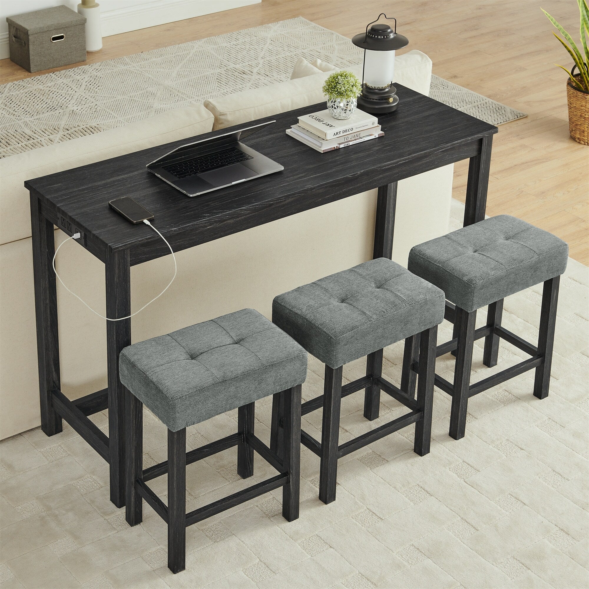 Bar Table, Dining Table, Sofa Table with Power Outlet, 3 Upholstered Stools, 4 Piece Bar Table and Chair Set