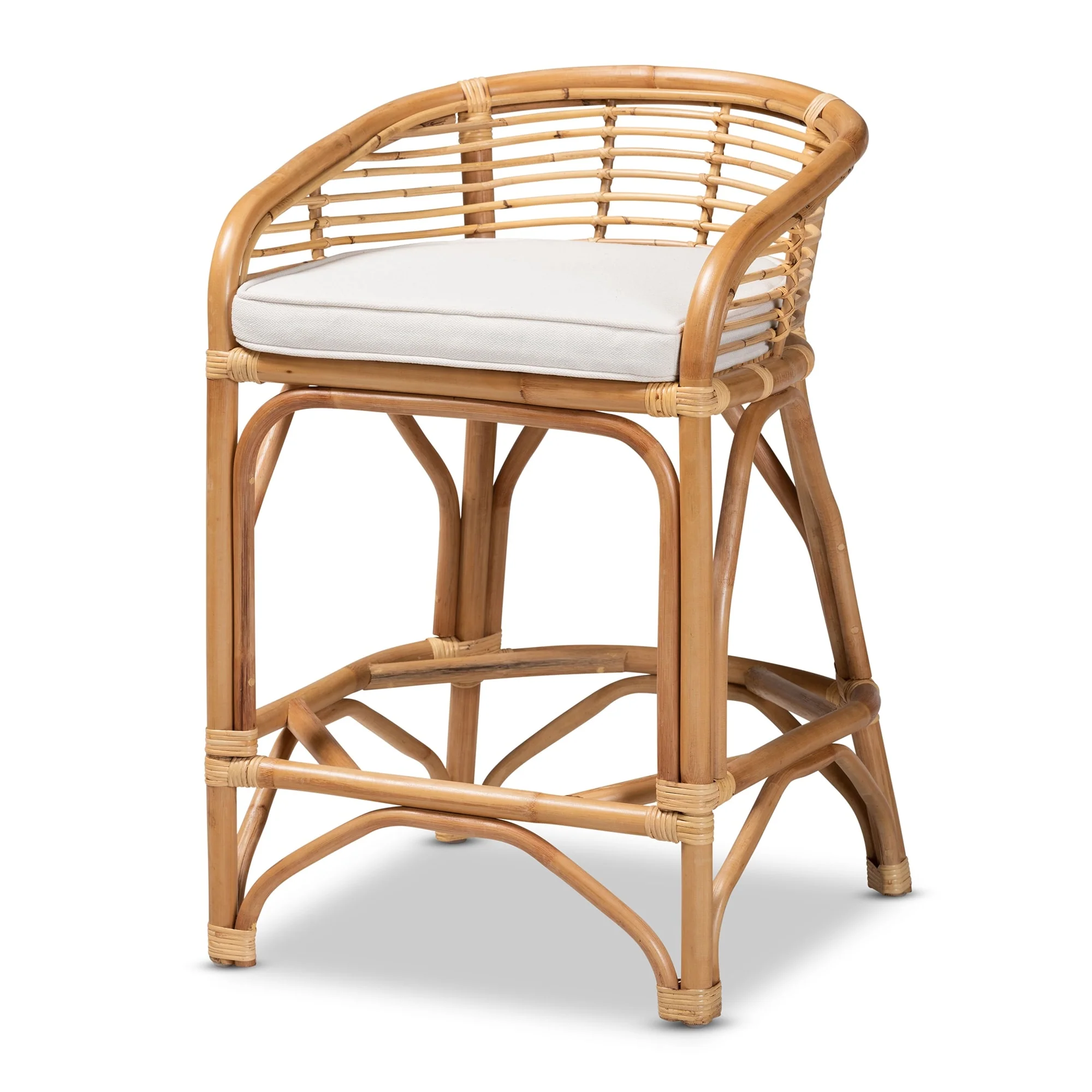 Maverick Bohemian Upholstered Rattan Counter Stool-White/Natural Brown