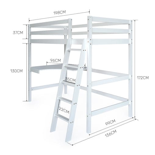 NNEMB Wooden Kids Single Loft Bed Frame with Desk-White