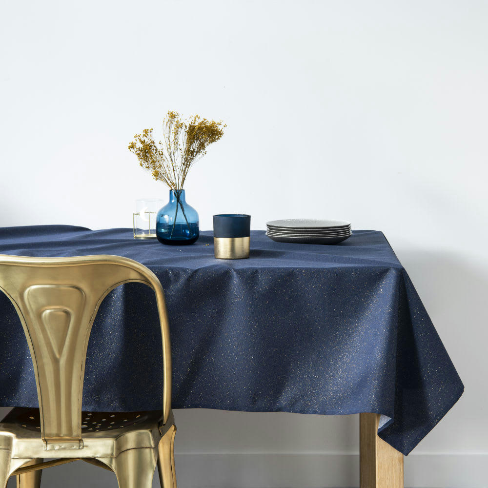 - Nappe bleu nuit et dorée 145x350