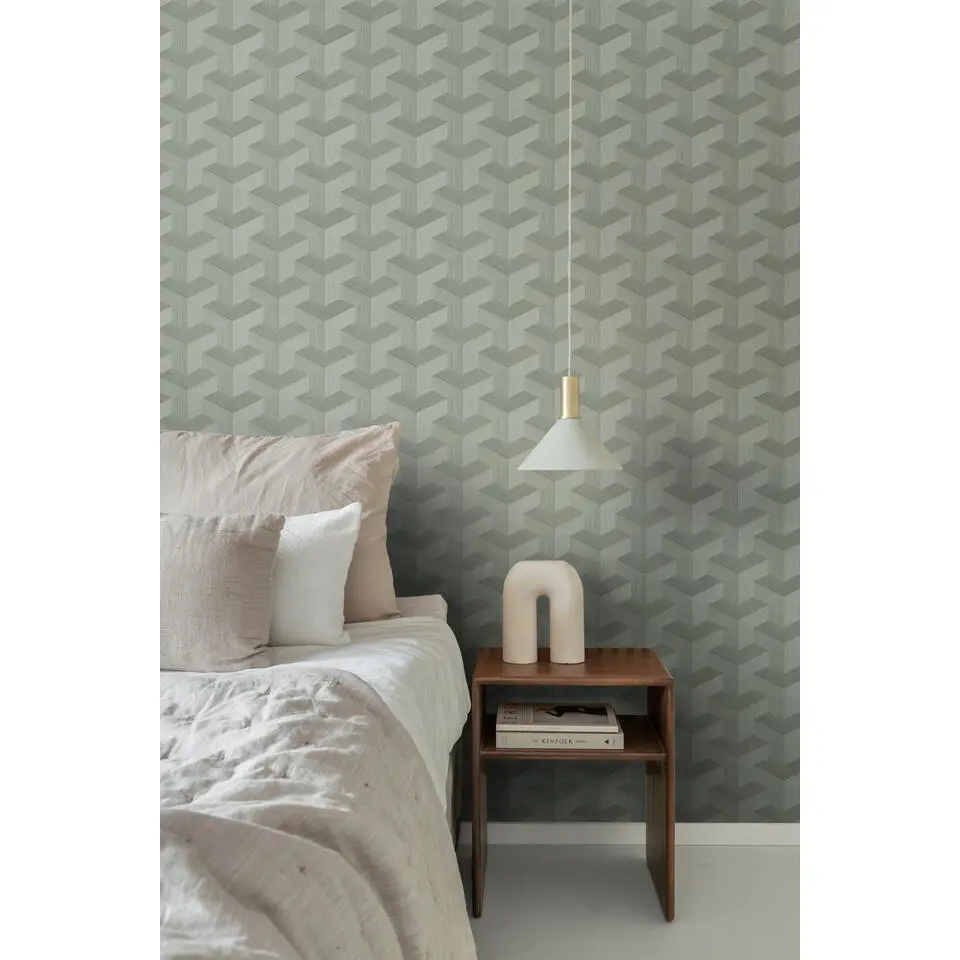 Origin Wallcoverings behang grafisch 3D motief vergrijsd groen - 50 x 900 cm