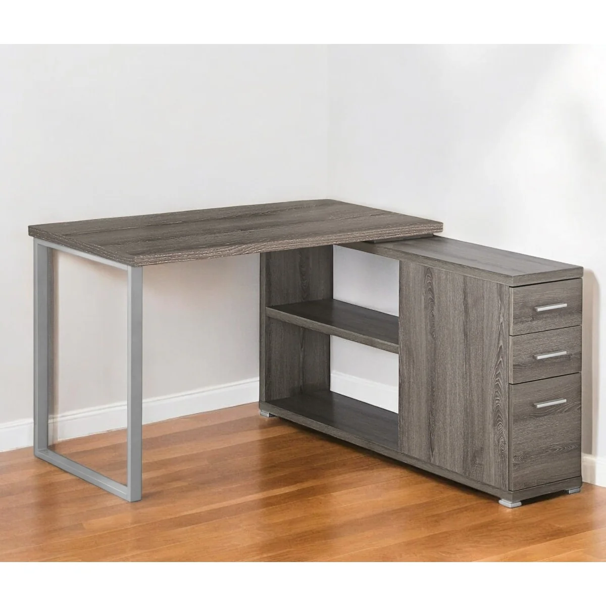 L Shaped Desk with Storage Drawers Taupe Veneer Finish and Silver Base Modern Home Office
