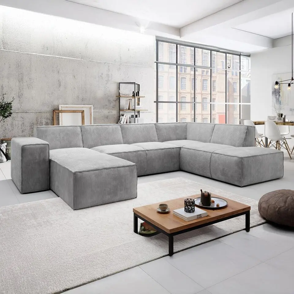 Meubella - Hoekbank Monet XL - Grijs - Ribstof - Links