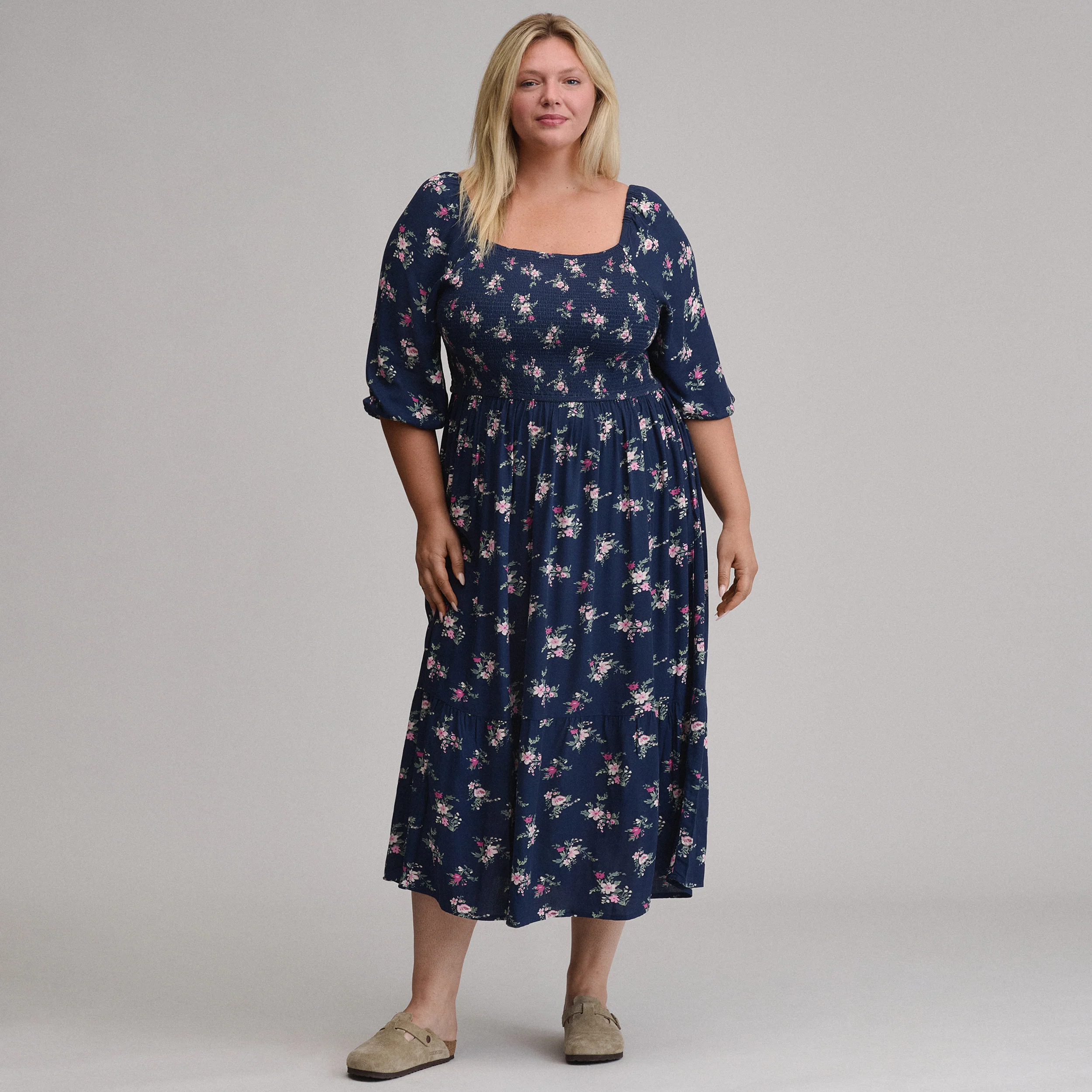 Women's Printed 3/4 Sleeve Smocked Bodice Dress