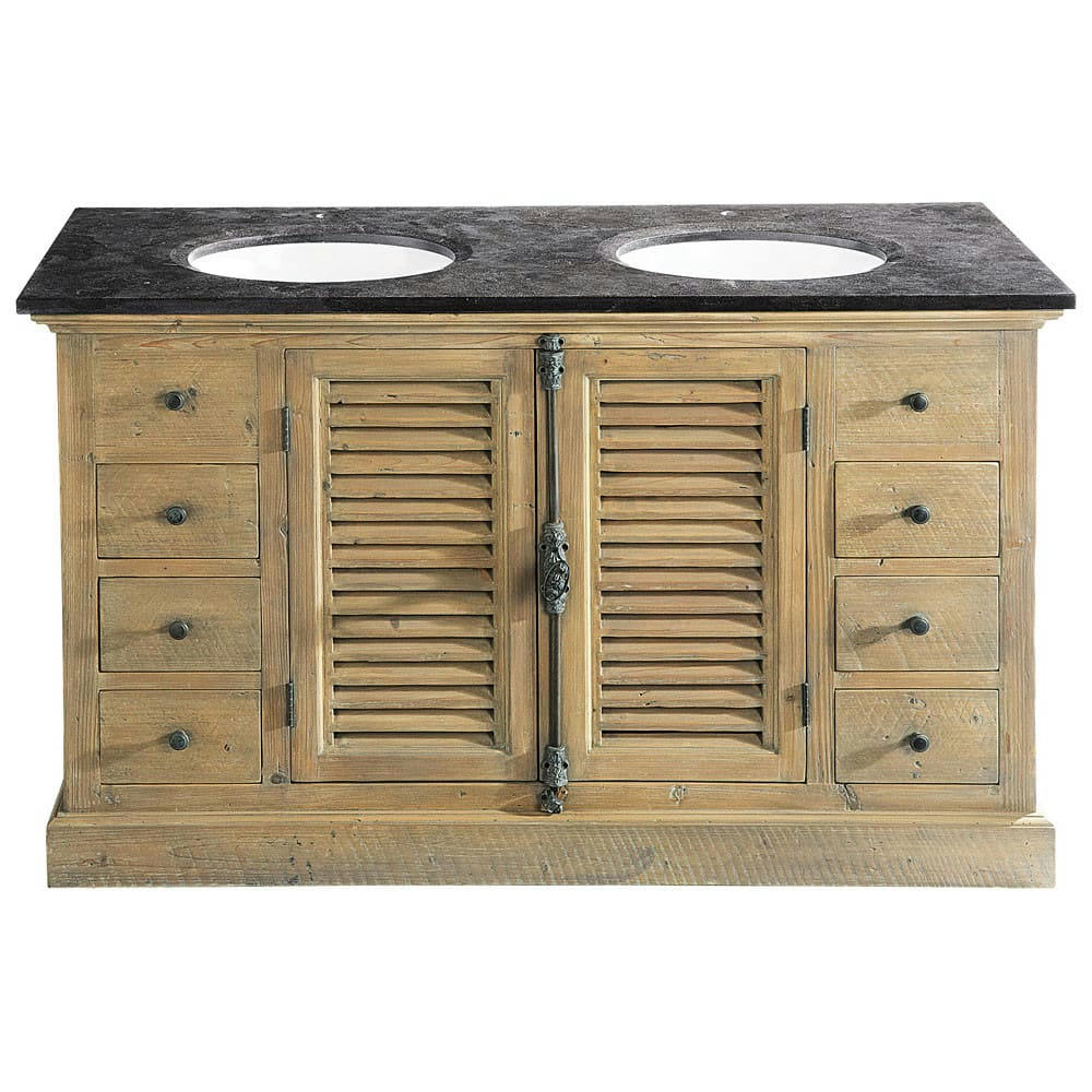 Persiennes - Meuble double vasque en pin recyclé et pierre bleue anthracite