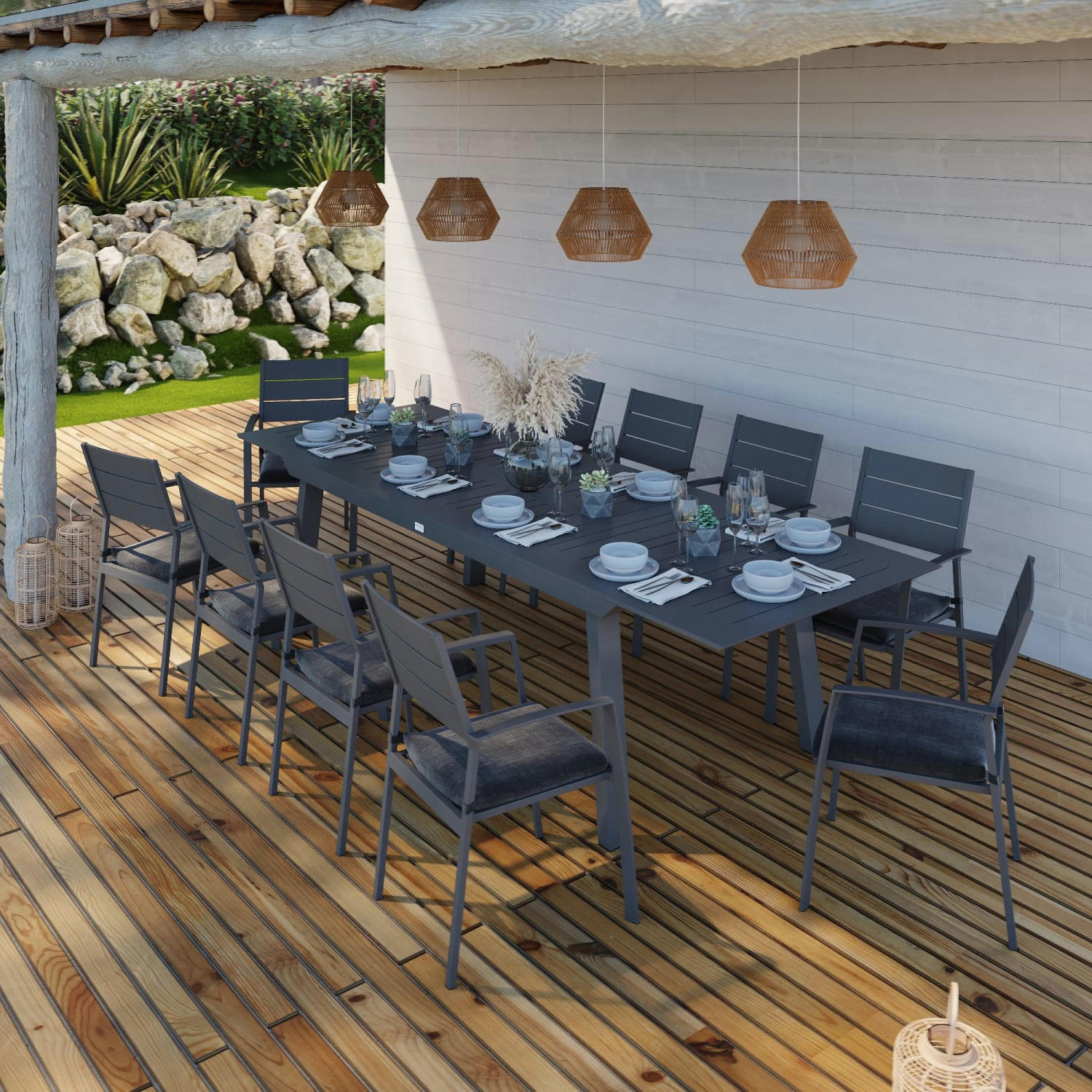 LUXEMBOURG - Salon de jardin extensible en aluminium anthracite