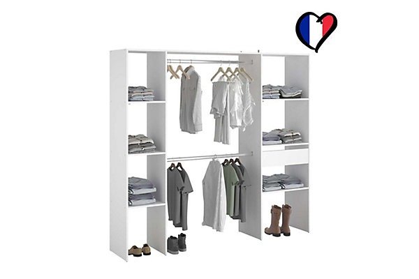 Dressing blanc 6 étagères, 1 tiroir, 2 penderies 198 x 40 x 180 cm ELYSEE