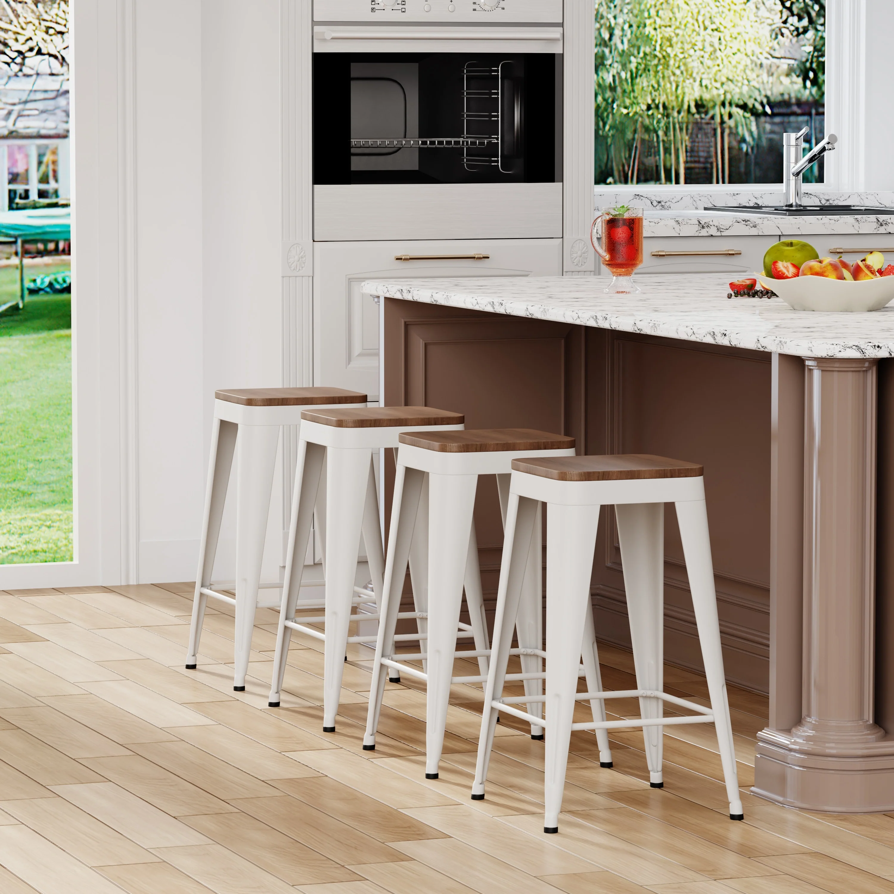 Bar Stools Set of 4 Stackable Metal Bar Stools Industrial Counter Height Stools Backless Barstools with Wooden Seats