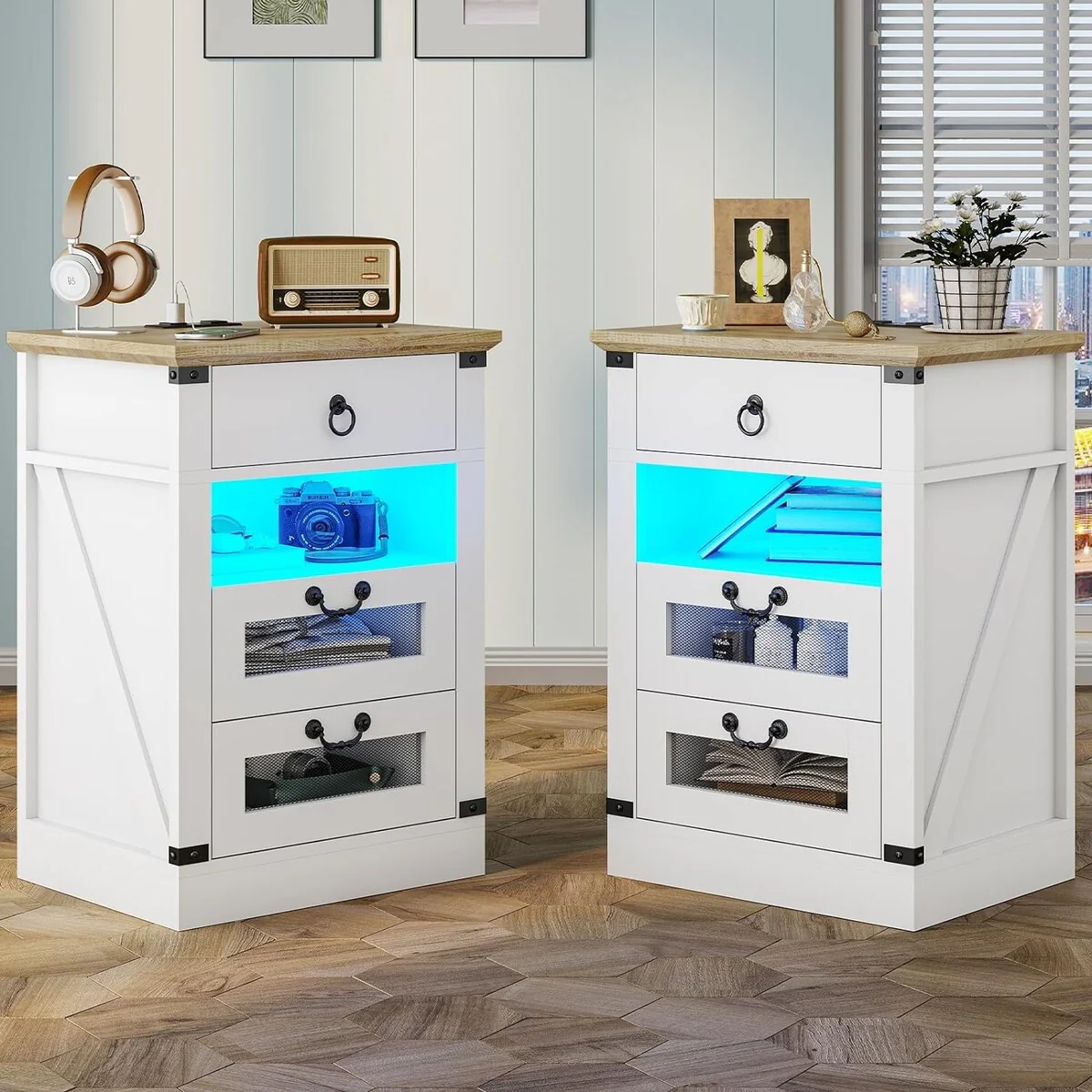 Nightstand 3 drawers Bedroom End Table Charging Station Farmhouse