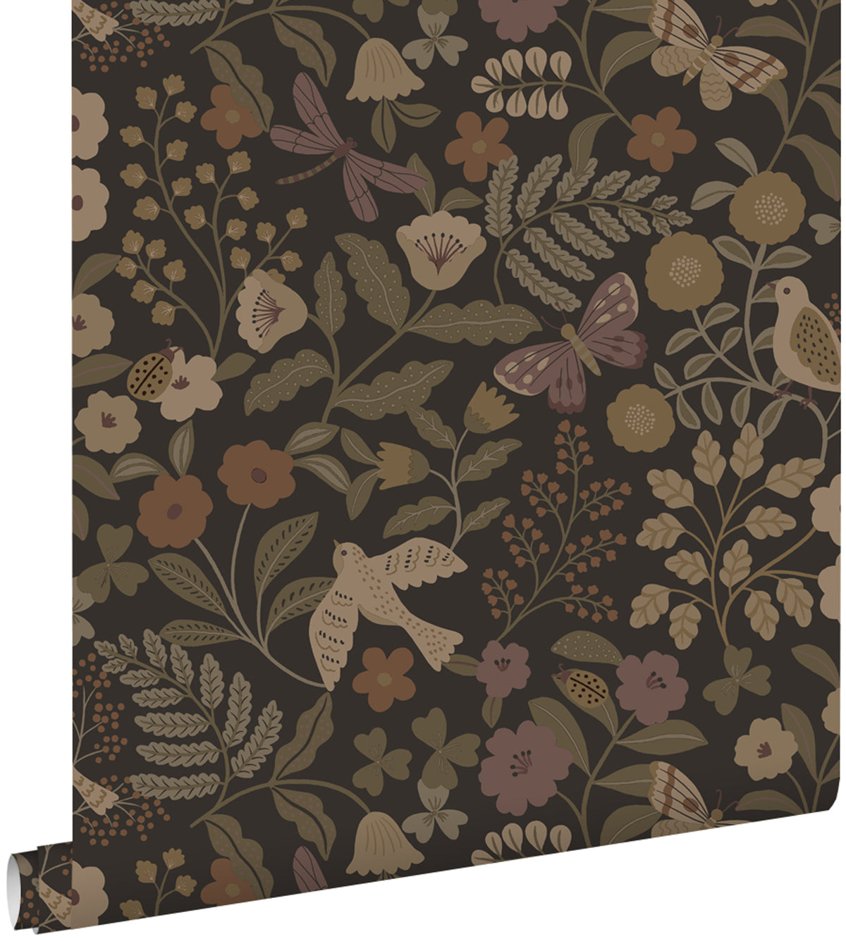 ESTAhome behang bloemen en vogels donkerbruin, olijfgroen en lila paars - 53 cm x 10.05 m - 139872