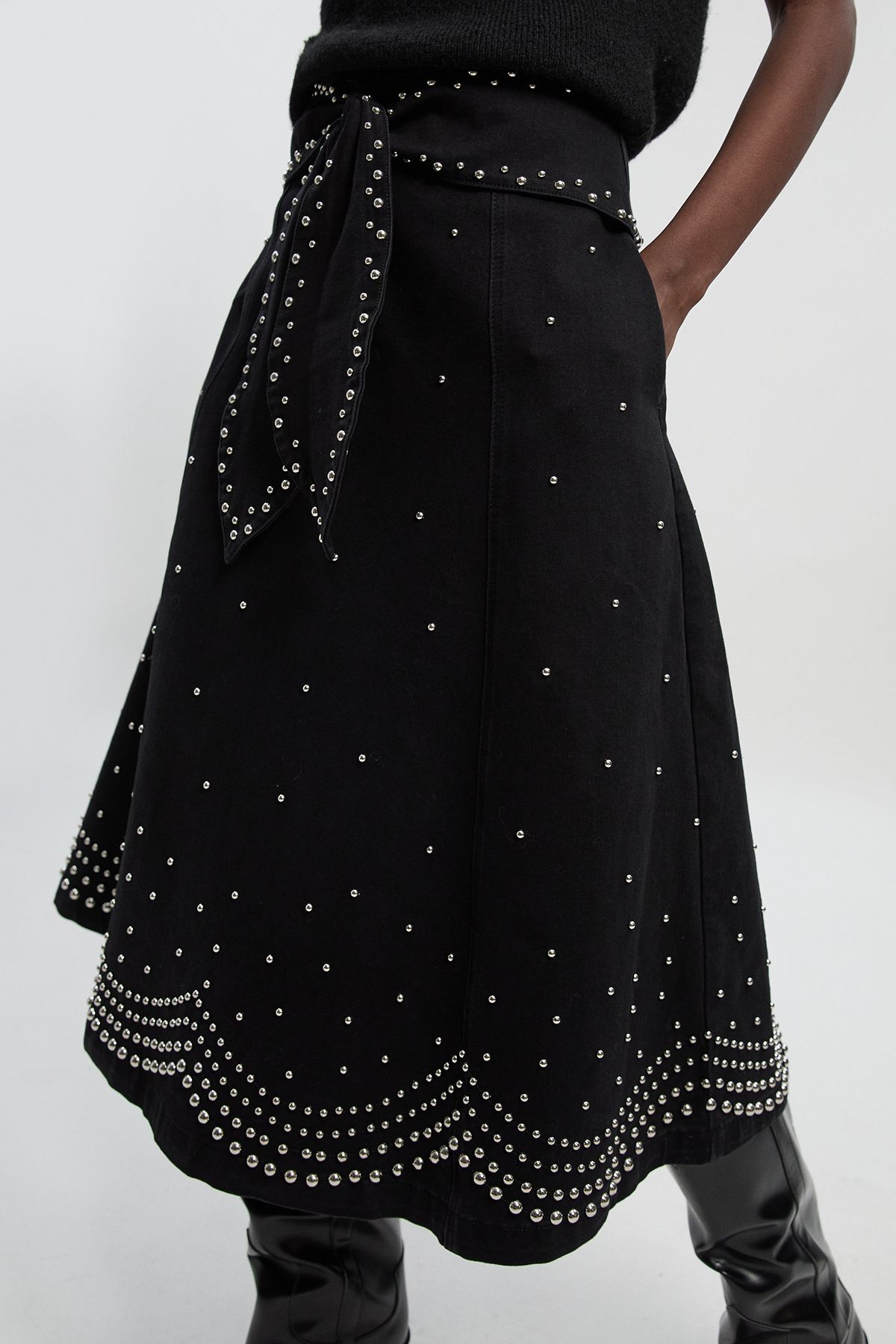 KarenMillen Denim Placed Stud Tie Belt Full Midi Skirt