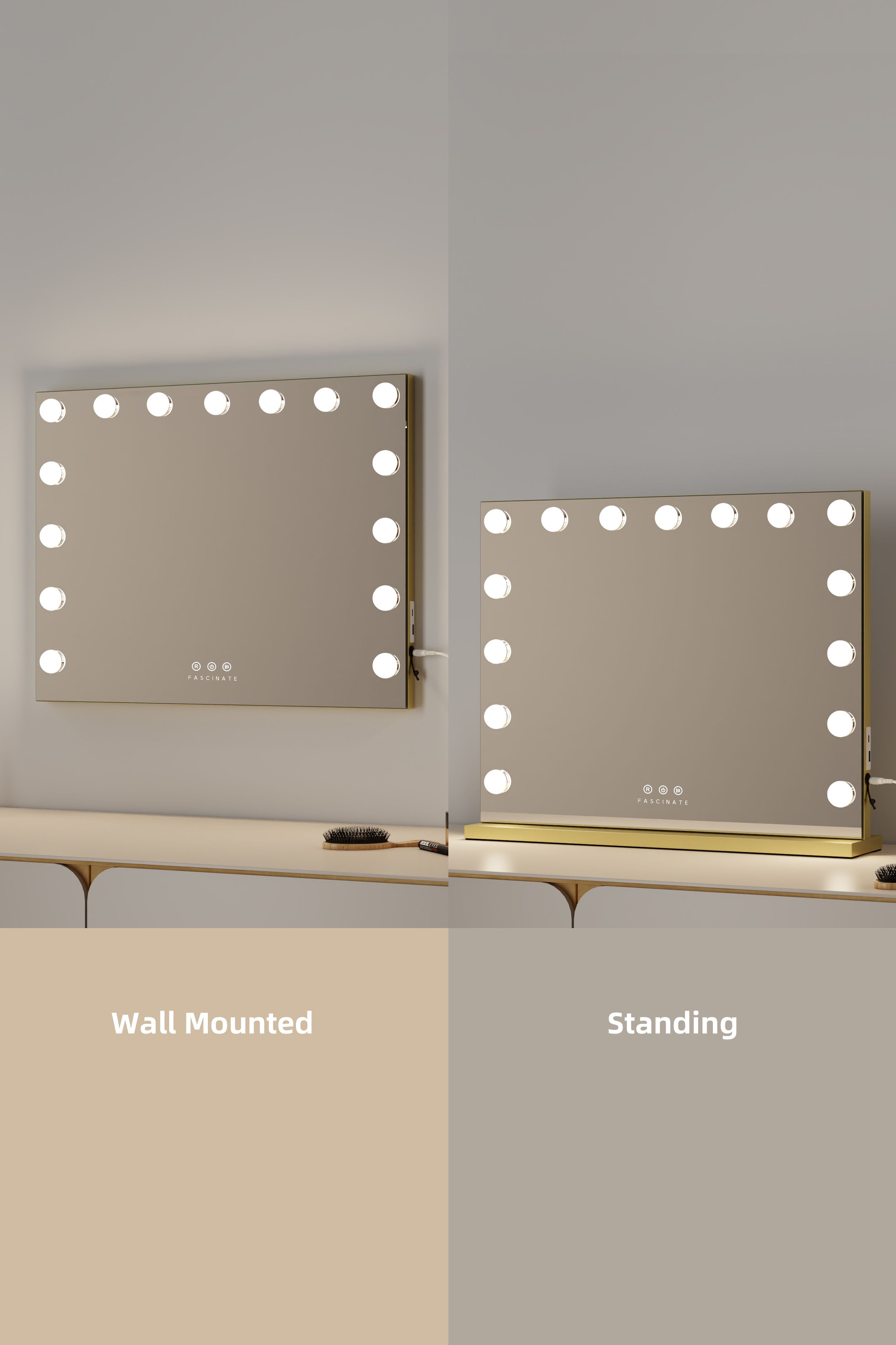 Fascinate Gold Hollywood Vanity Mirror - 58x48cm, USB Charging & Tempered Glass