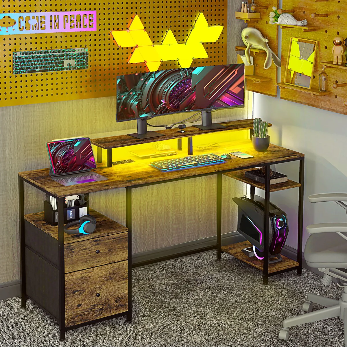 HOMCOM 61 Computer Desk with LED Lights, Power Outlets, and USB Ports, Gaming Desk with Storage Shelves, Monitor Stand