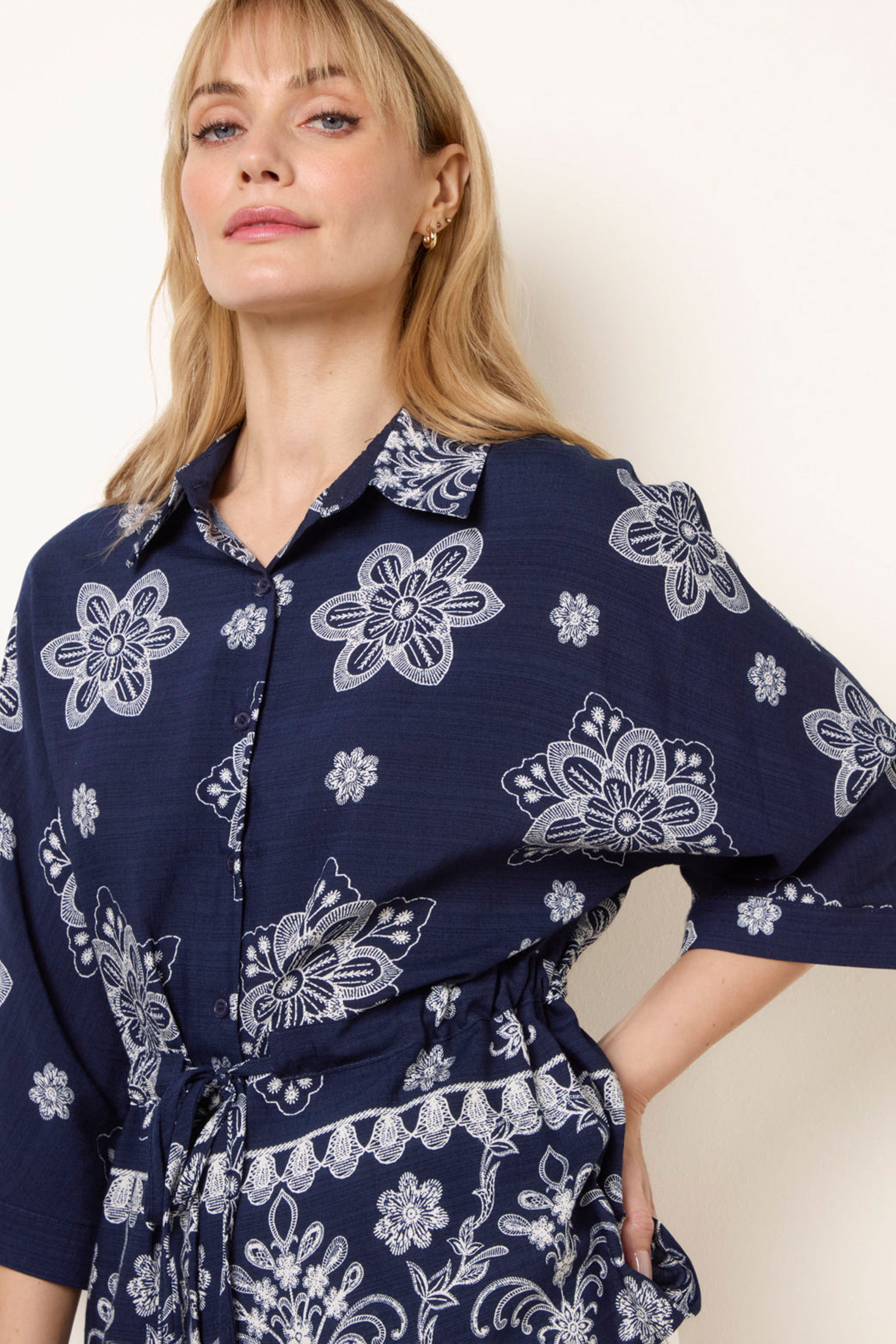Blue Vanilla Navy Floral 3/4 Sleeve Tie Waist Shirt