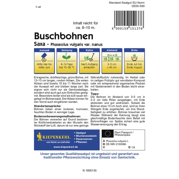 Buschbohne, Phaseolus vulgaris var. Nanus, Inhalt reicht für 8 - 10 lfd. Meter