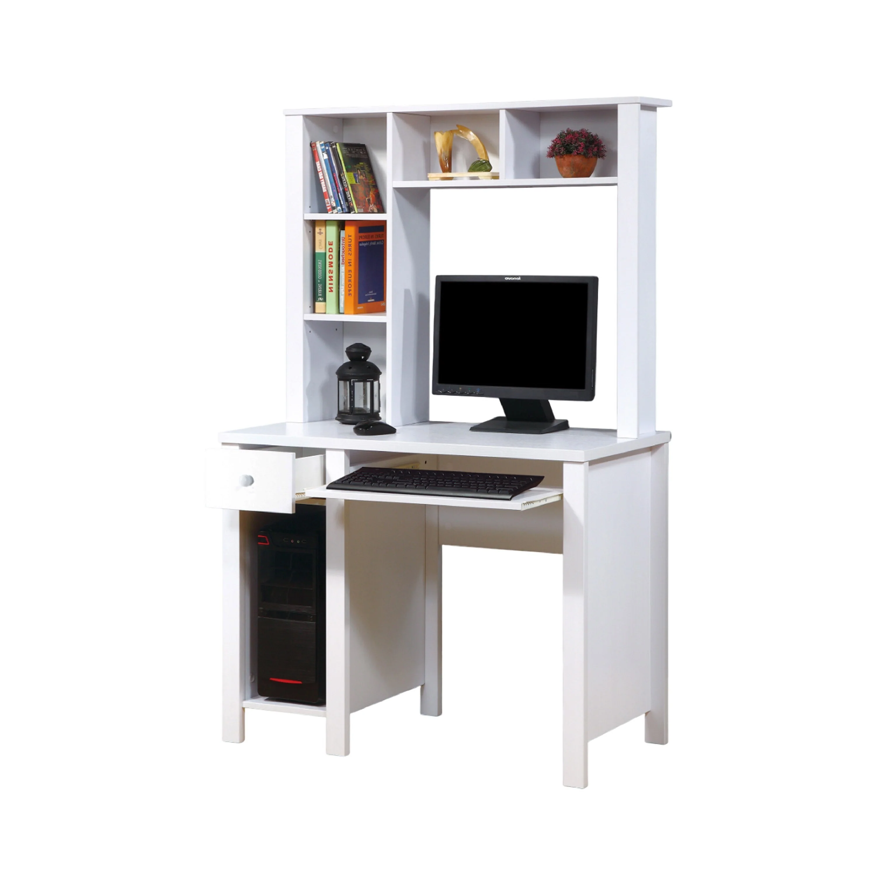 Akol Computer Desk with Hutch, Keyboard Drawer Storage, 63 Inch White