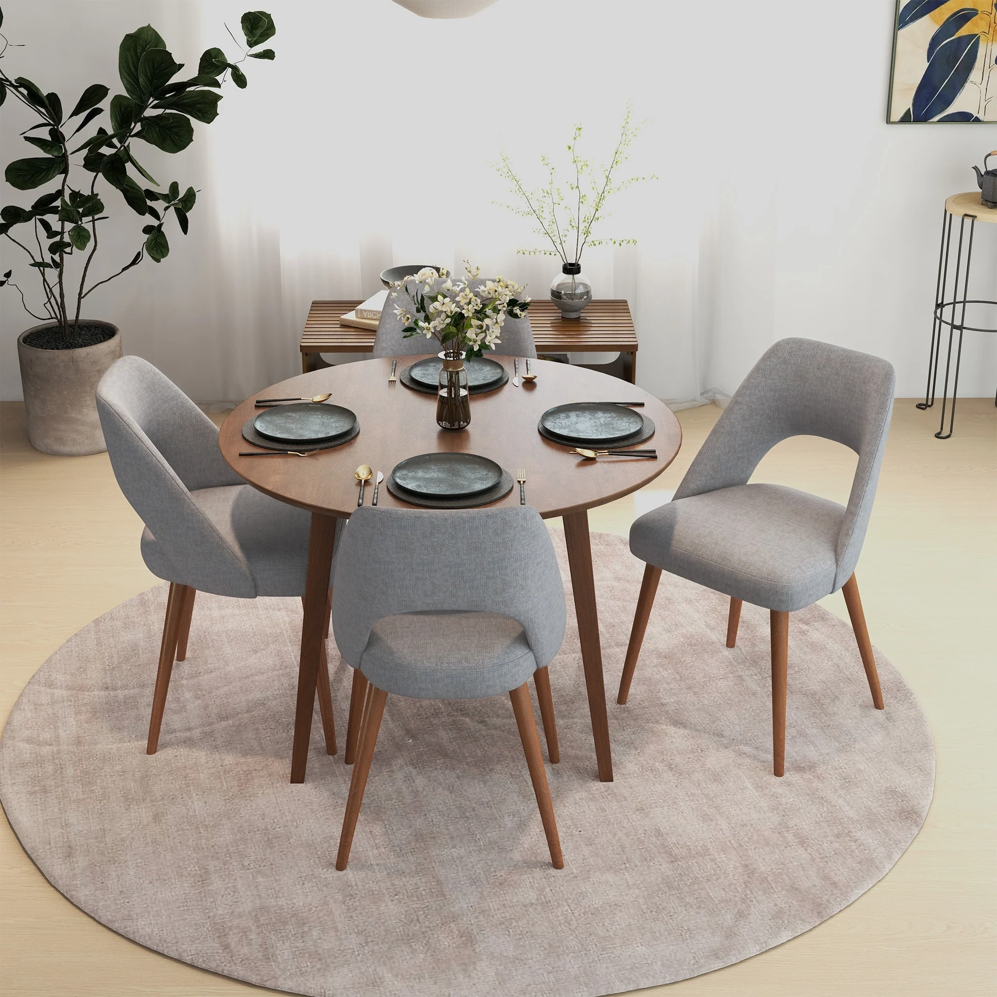 Paladin 5-Piece Round Dining Set w/4 Fabric Dining Chairs in Grey