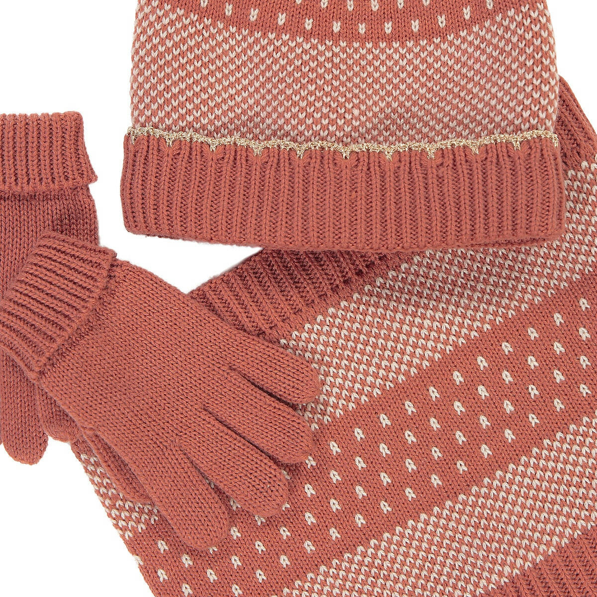Ensemble bonnet à pompon + snood + gants brillants