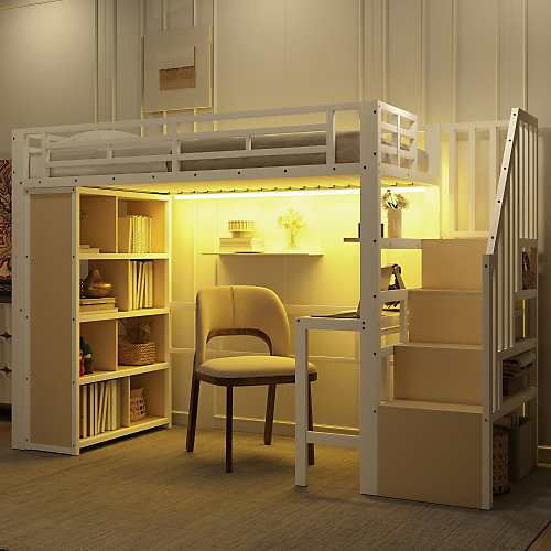 Lit mezzanine 90x200cm - structure en fer - bureau - rangements - LED - escalier - blanc (matelas non inclus)