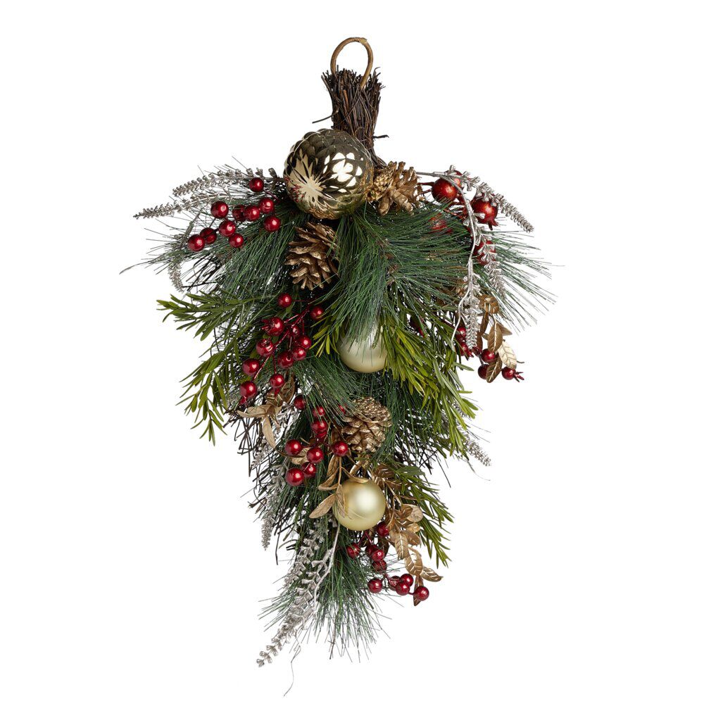 Décoration de No&euml;l doré et rouge à suspendre ou poser H50cm