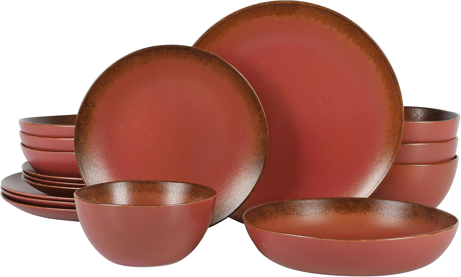 Bloomhouse - Two Time Oprah's Favorite Things Winner - Palermo Sun Double Bowl Stoneware Reactive Glaze Plates and Bowls Dinnerware Set - Paprika Red, Service for Four (16pcs)