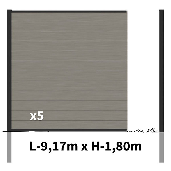 Kit Clôture Bois Composite Platine 9x1,8m RIO - Poteaux en Aluminium Noir - Brise Vue - Palissade