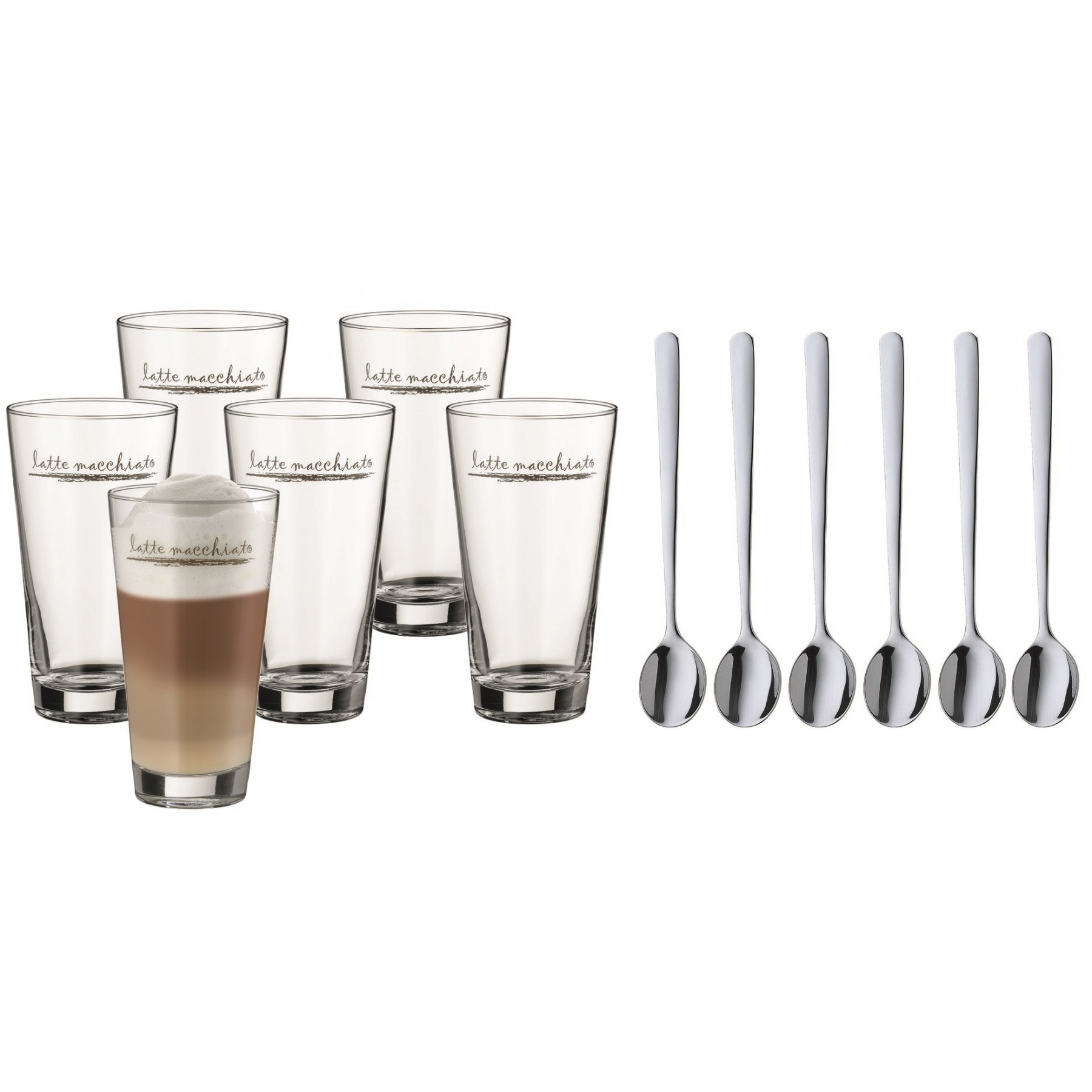 WMF Komplet 6 szklanek 300ml do latte macchiato   łyżeczki