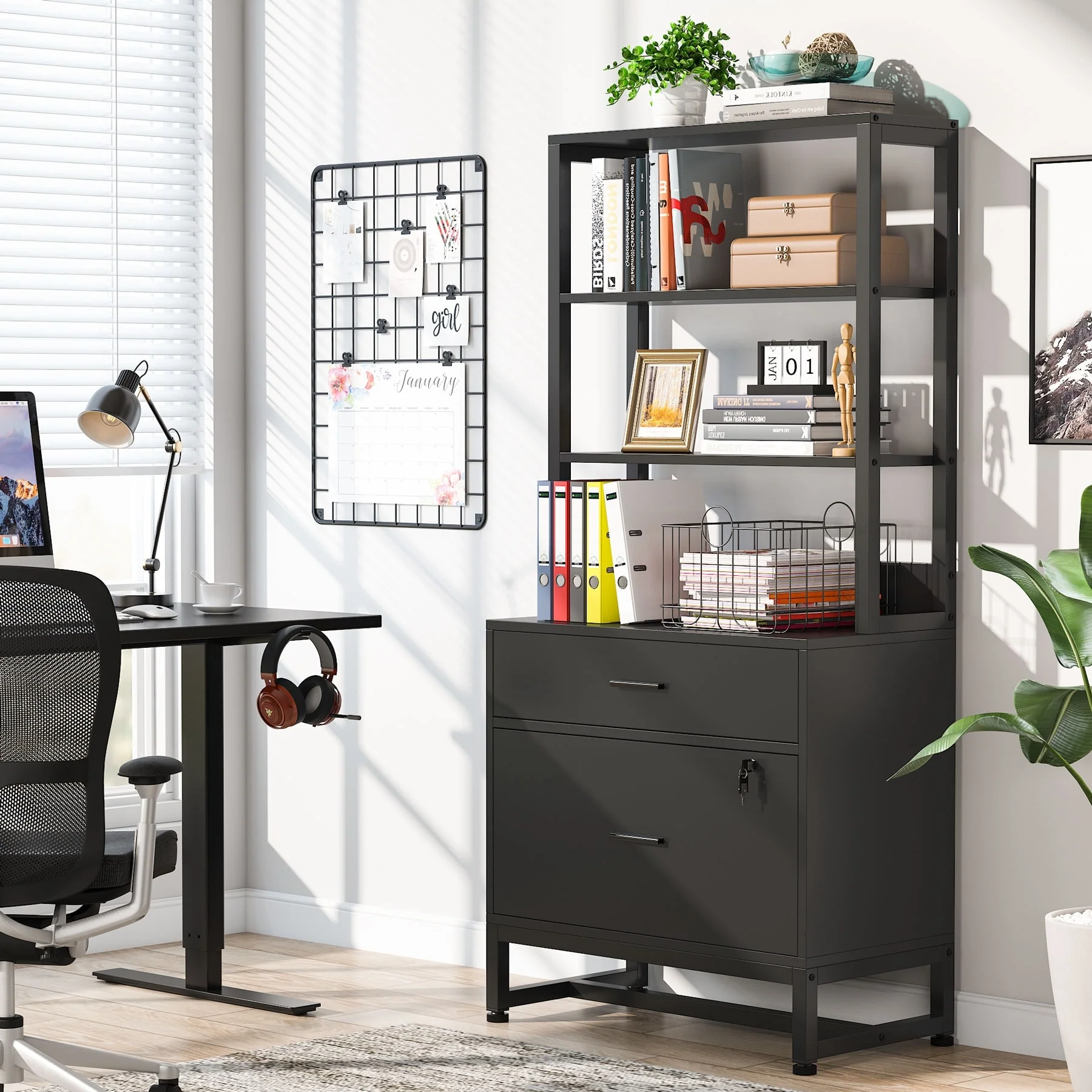 Brown/ Black Wood Industrail File Cabinet with Lock, Mdern Bookshelf with 2 Drawers, Etagere Bookcase