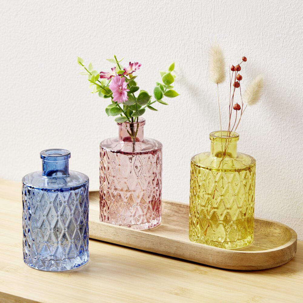 Vase verre coloré bouteille décor relief Ø6xH10,5cm (3 modèles)