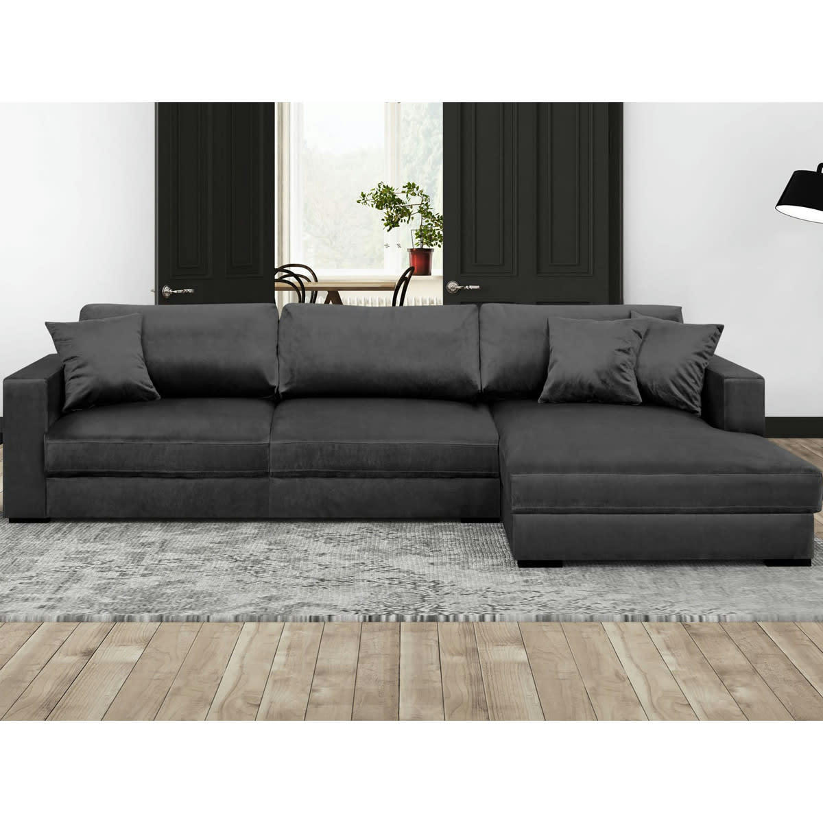 ROBIN - Canapé d'angle droit convertible 5 places gris avec coffre