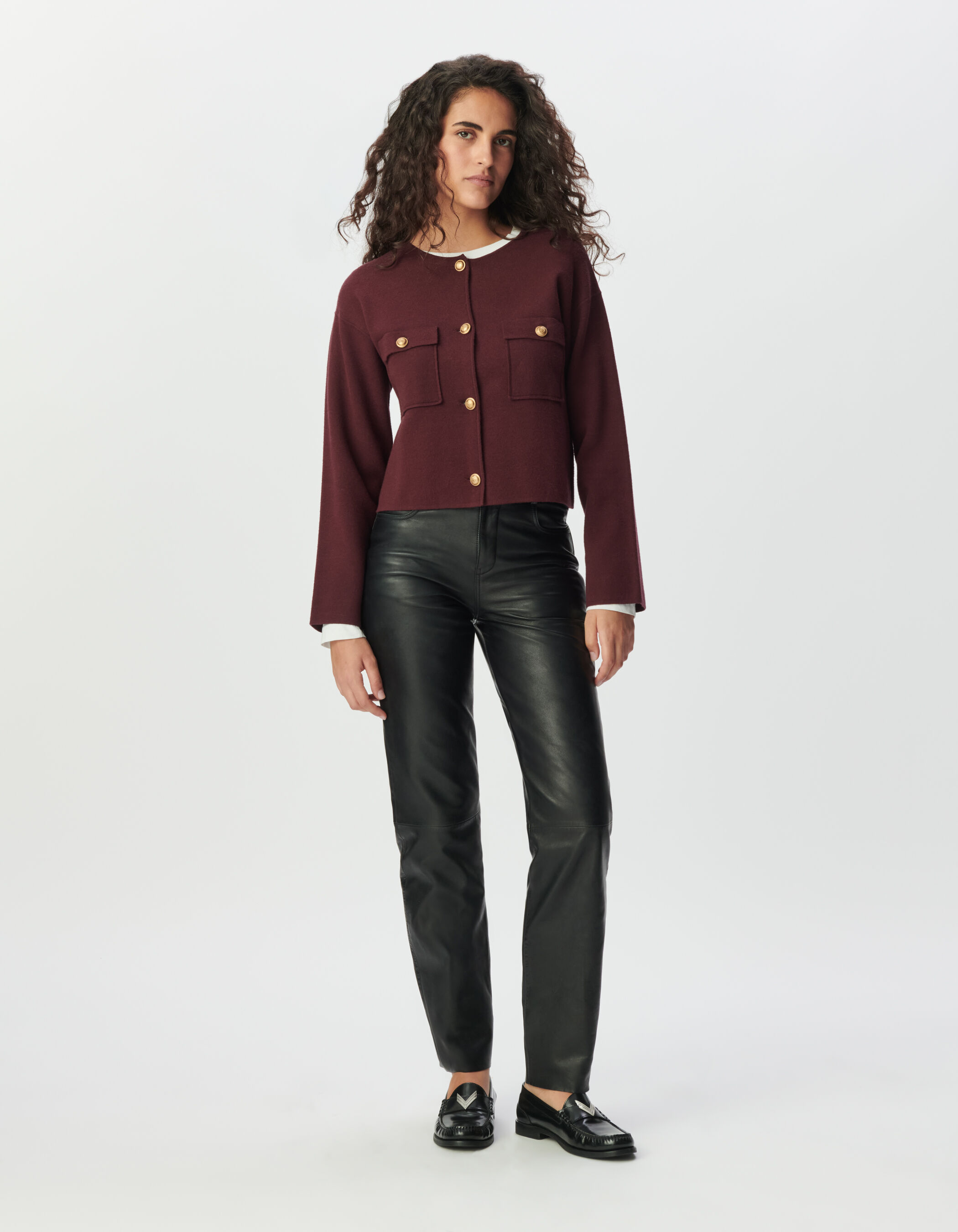 Cardigan court blanc tricot poches plaquées Femme