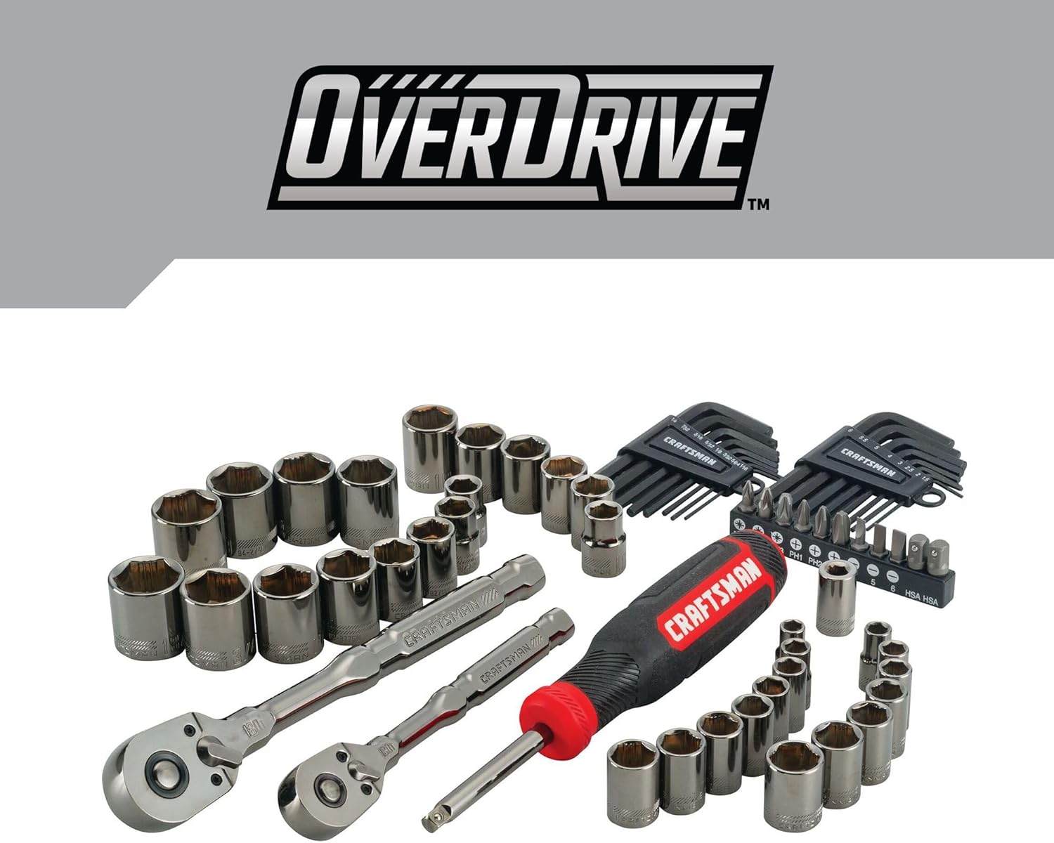CRAFTSMAN OVERDRIVE 64-Piece Gunmetal Chrome Mechanics Tool Set, Standard SAE/Metric Socket Set, with Hard Case (CMMT99064)