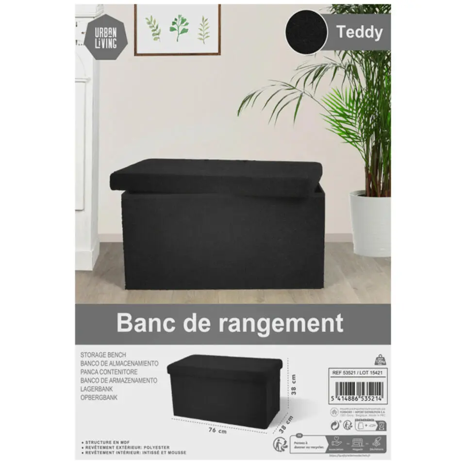 Urban Living poef/hocker/opbergbox - zwart - mdf - 76 x 38 x 38 cm