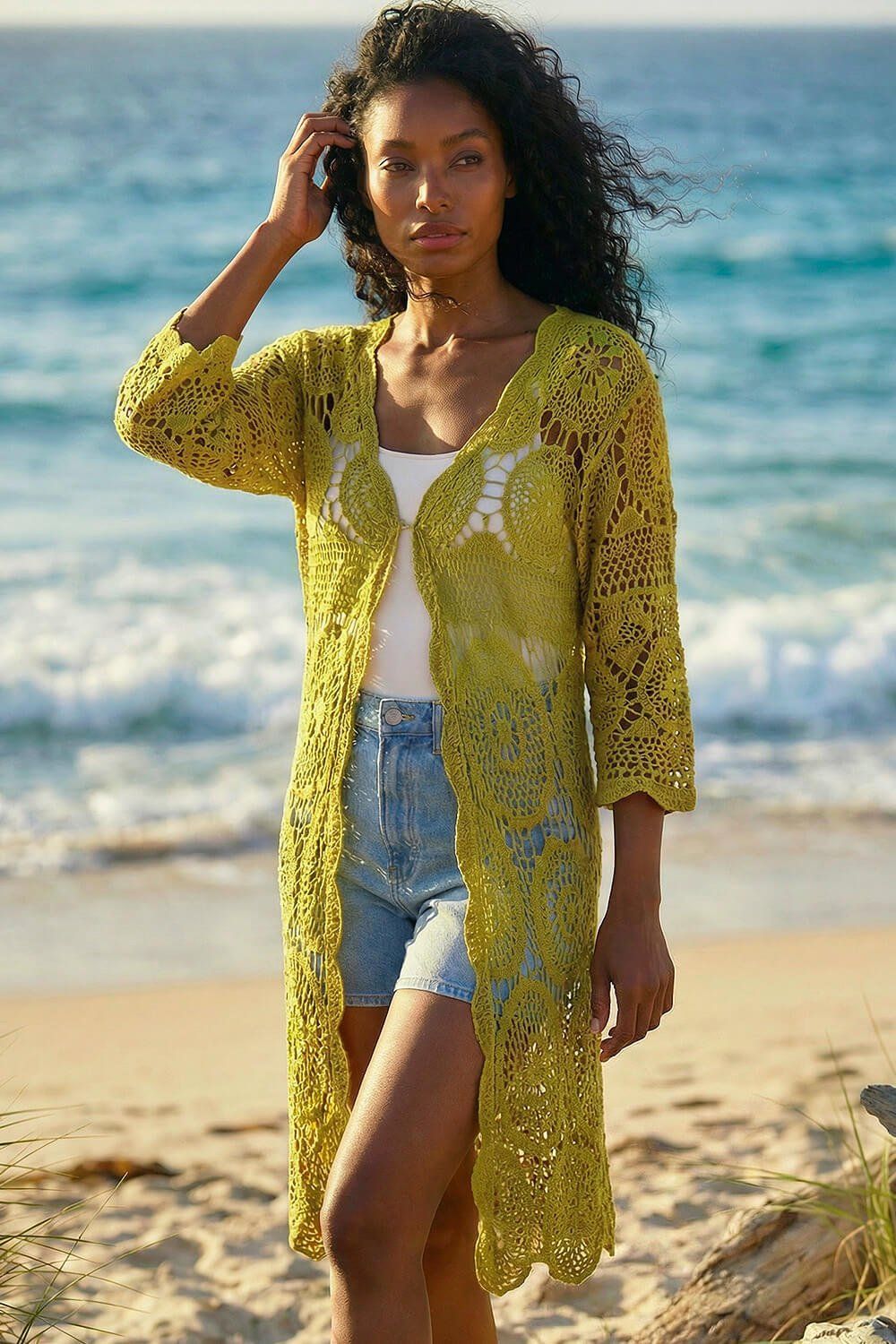 Roman Crochet Longline Knit Cardigan