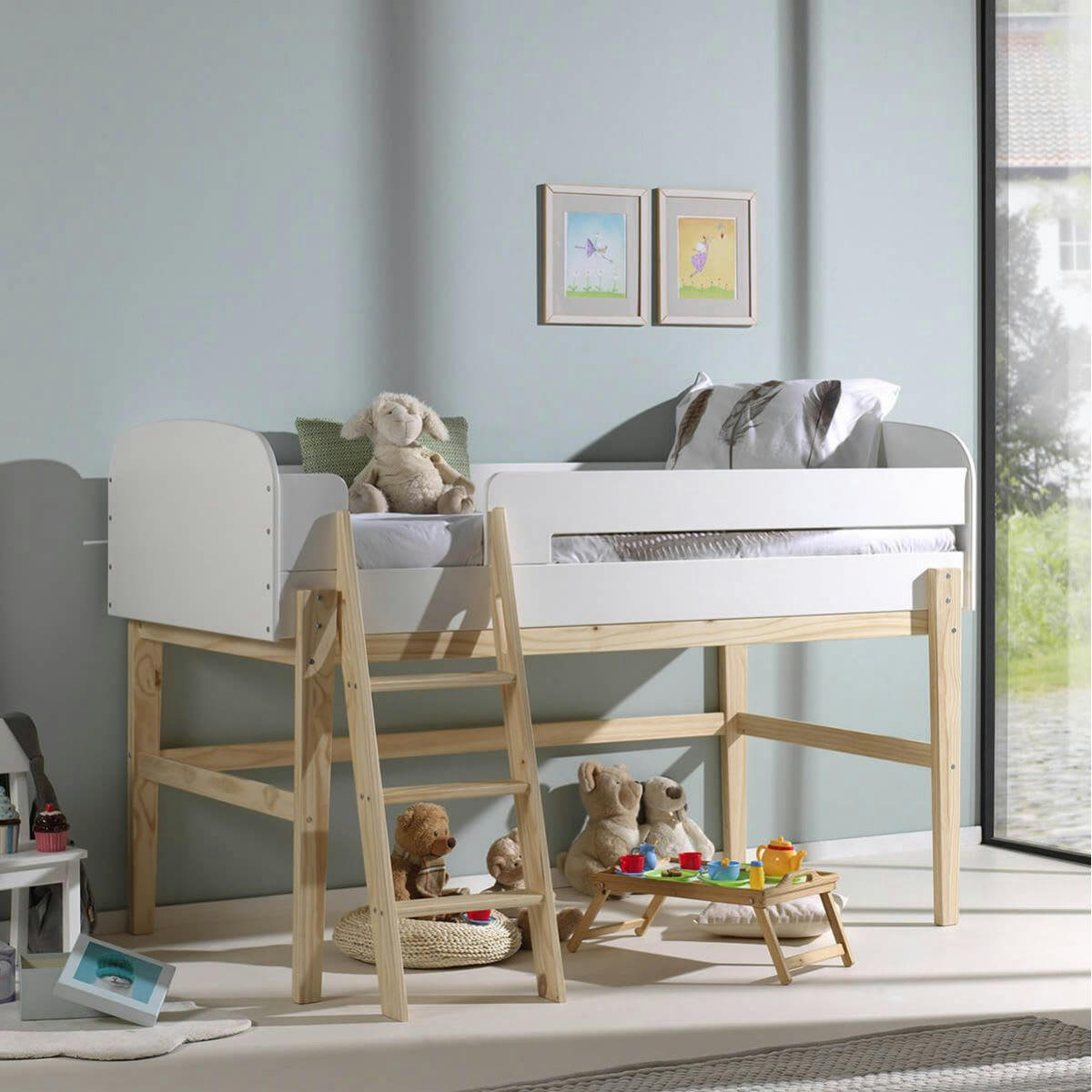 BODHI WHITE - Lit  surélevé 90x200cm h.120cm blanc et bois