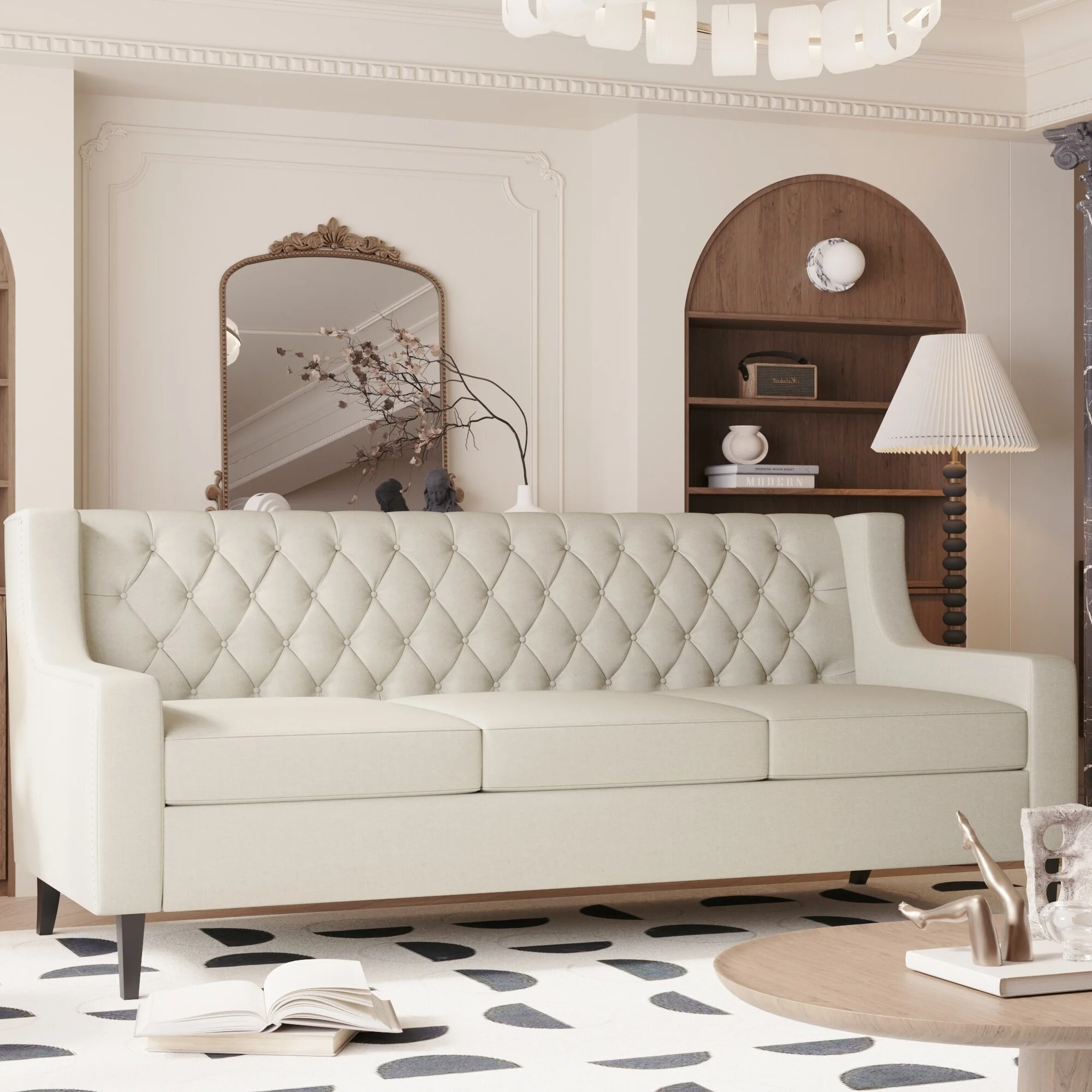 Beige 78.75 Polyester 3-Seater Sofa with Tufted Back and Cushions