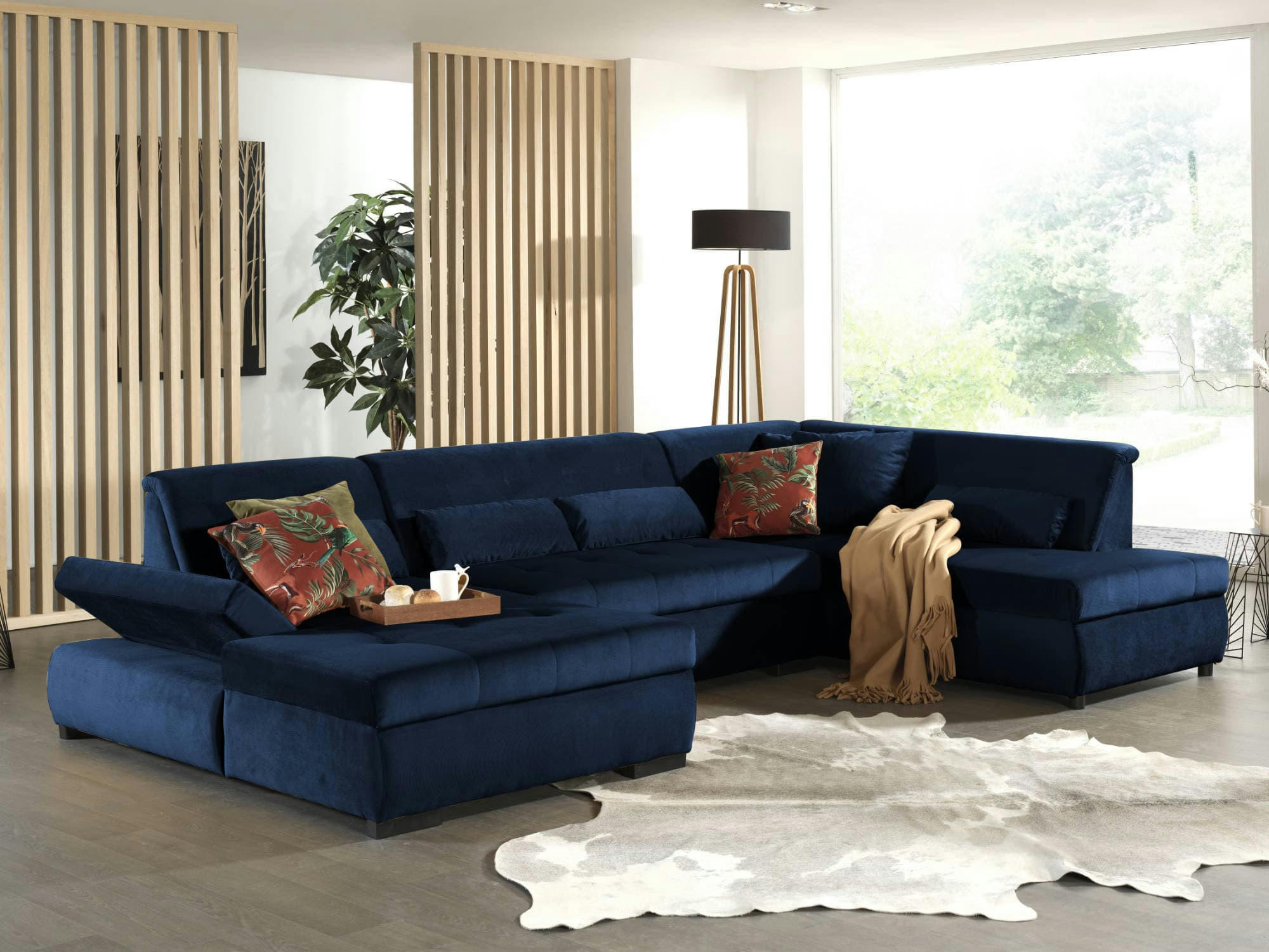 VERMONT - Canapé panoramique 7 places angle droit en velours bleu nuit