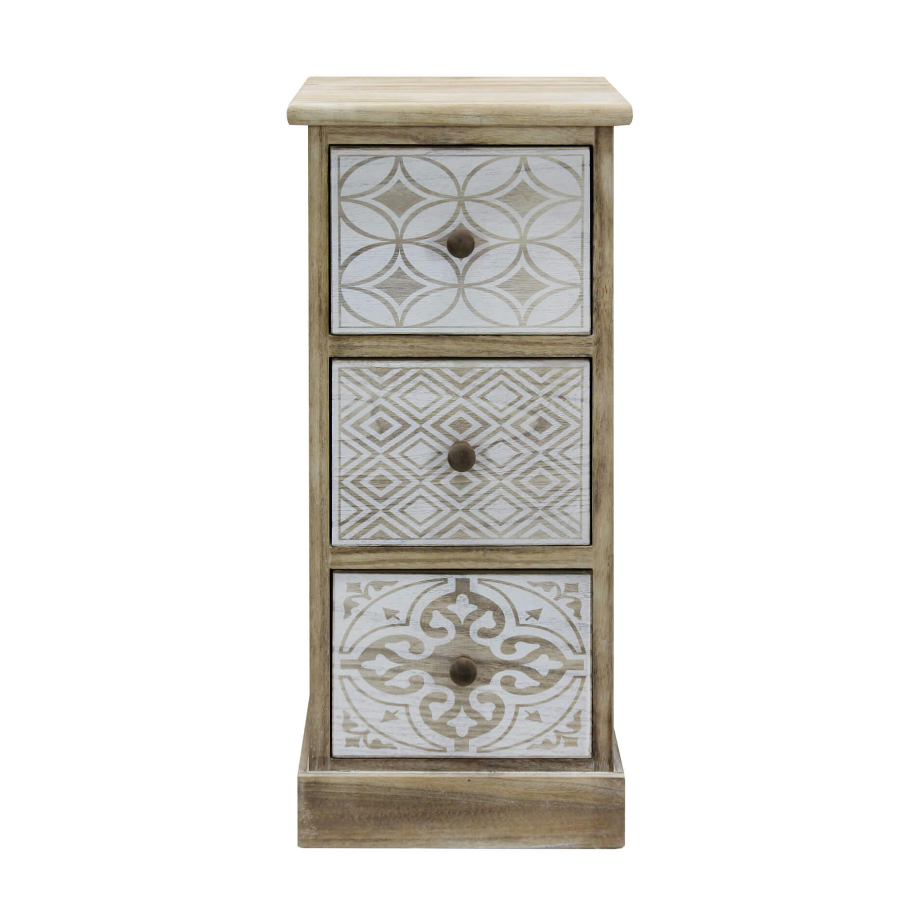 - Table de chevet avec 3 tiroirs en bois blanc et beige et marron