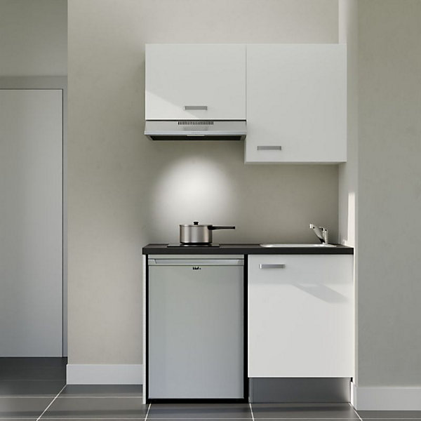 Kitchenette K01 façades Blanc - Plan de travail Noir texturé - Crédences : Non - Evier inox - Electroménager Inox inclus