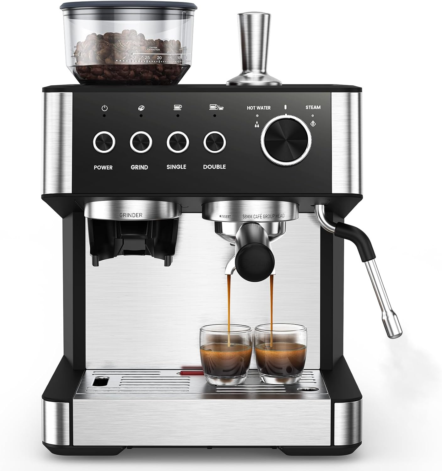 (2025 Upgrade)20 Bar Espresso Machine with Built-in Anti-Clog Coffee Grinder, Expresso Coffee Machines with Milk Steam Wand/Frother/Tamping Tools,Espresso Maker with Grinder for Lattes-Charcoal