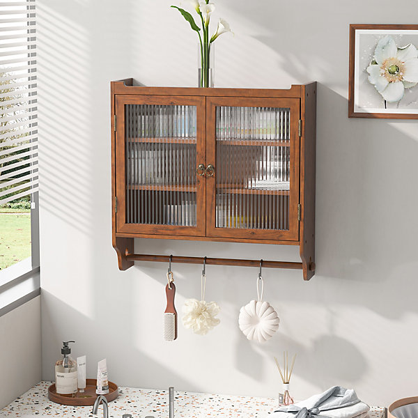 Armoire Murale avec Portes Vitrées et Porte-Serviettes, Meuble Mural Vintage en Bois Massif avec 3 étagères - 63x18x60 cm - Brun